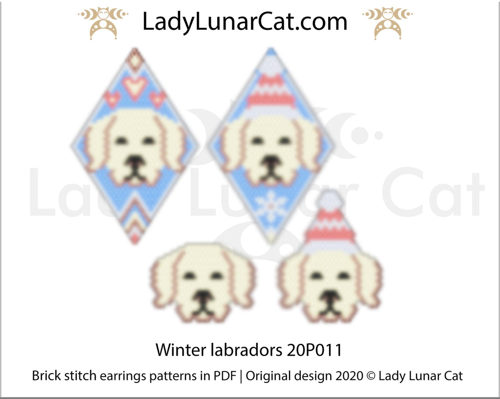 Brick stitch pattern for beading Winter Labradors 20P010 | Christmas beaded earrings tutorial LadyLunarCat