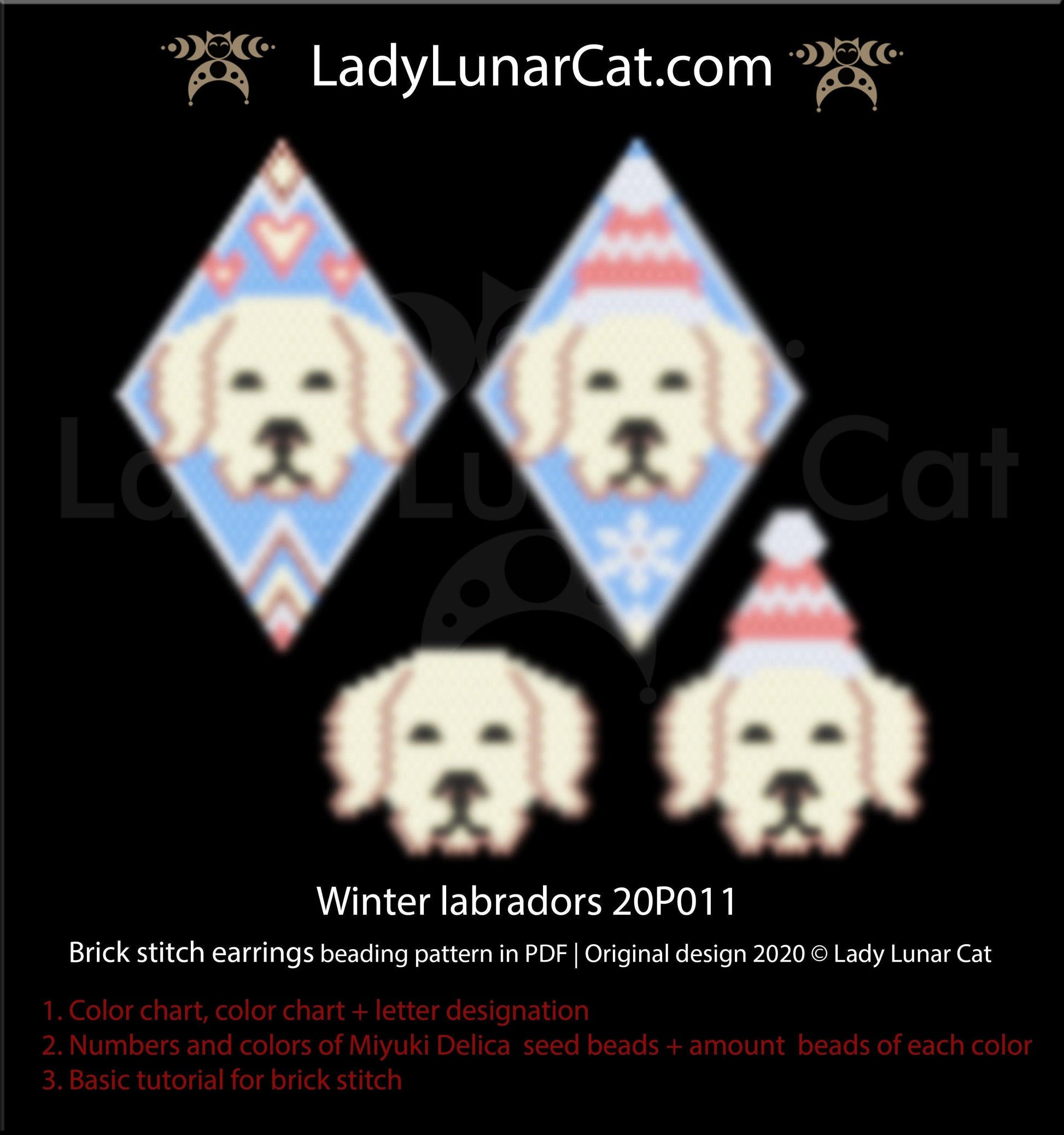 Brick stitch pattern for beading Winter Labradors 20P010 | Christmas beaded earrings tutorial LadyLunarCat