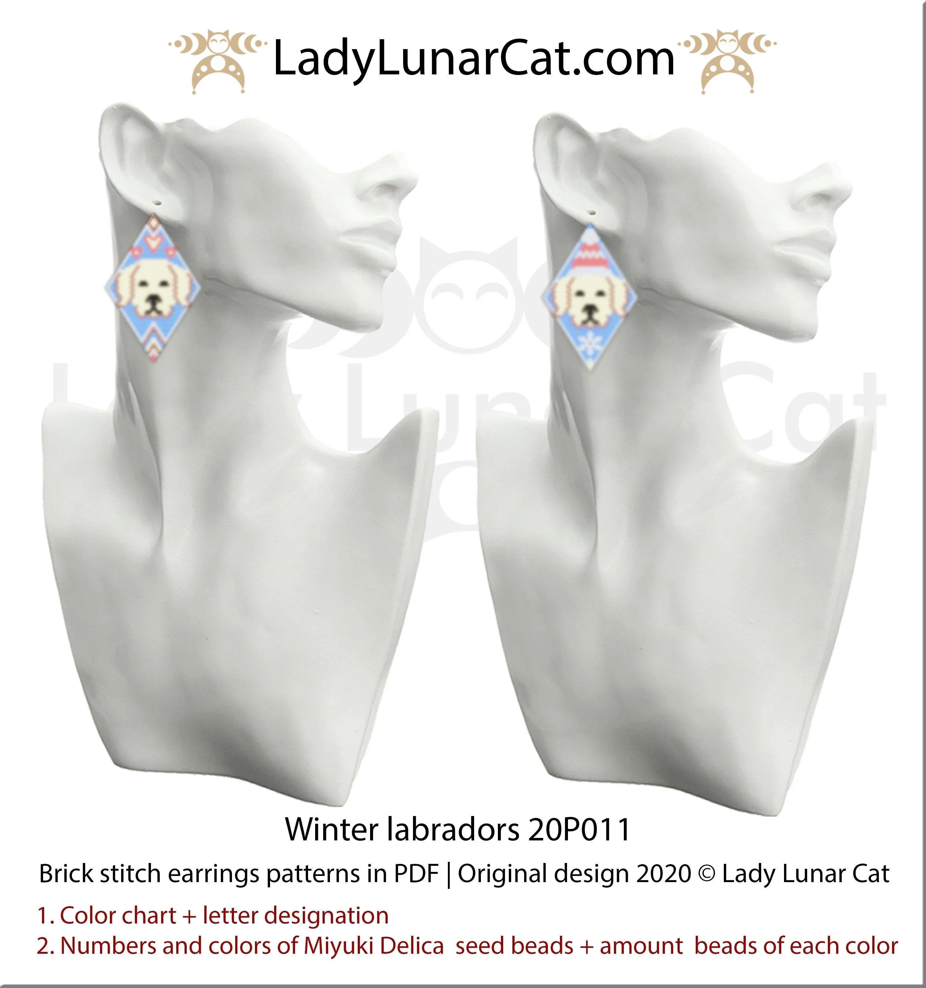 Brick stitch Labrador earrings — 3 shapes dog Christmas gift animal beading instant download LadyLunarCat