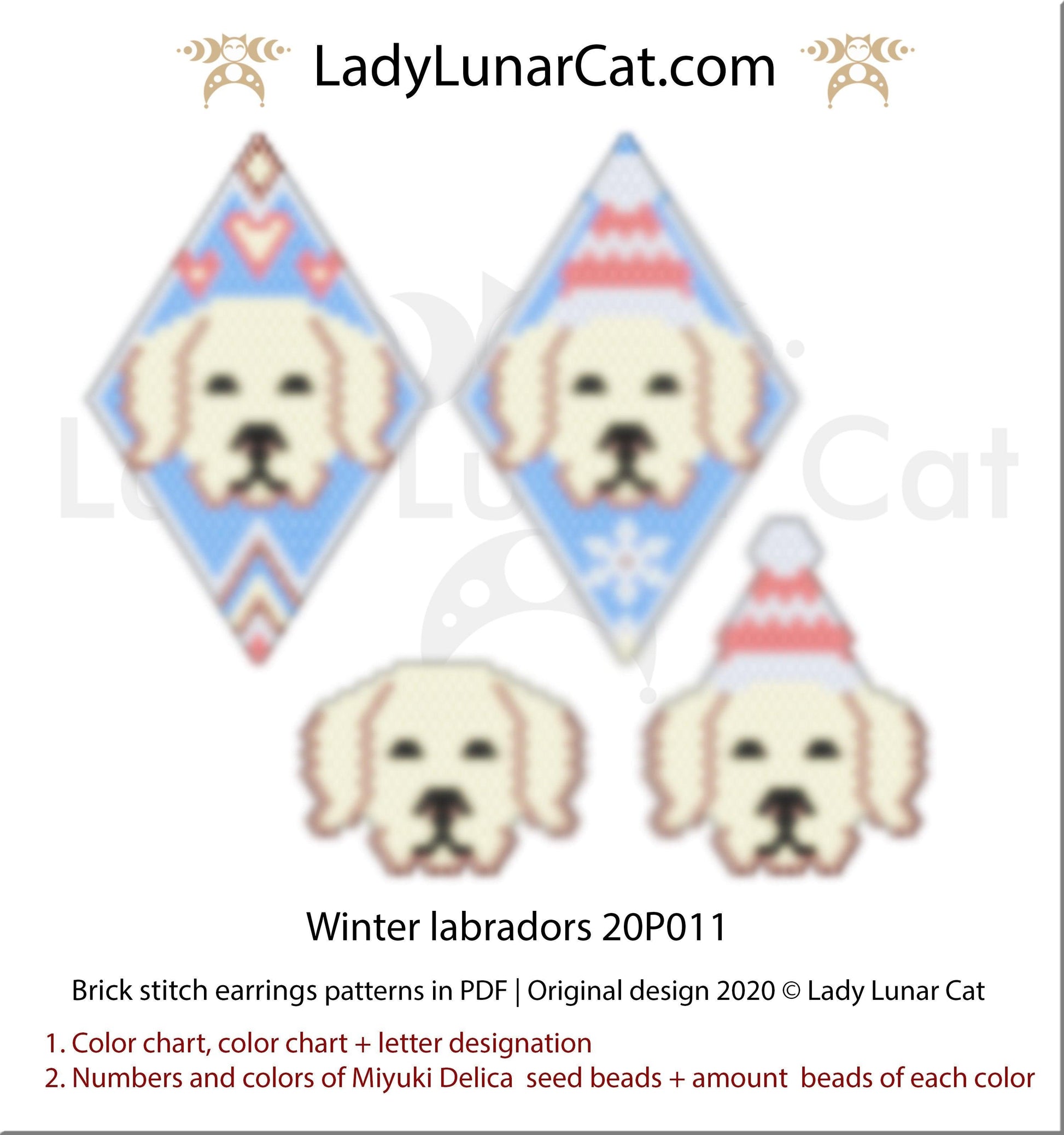 Brick stitch pattern for beading Winter Labradors 20P010 | Christmas beaded earrings tutorial LadyLunarCat