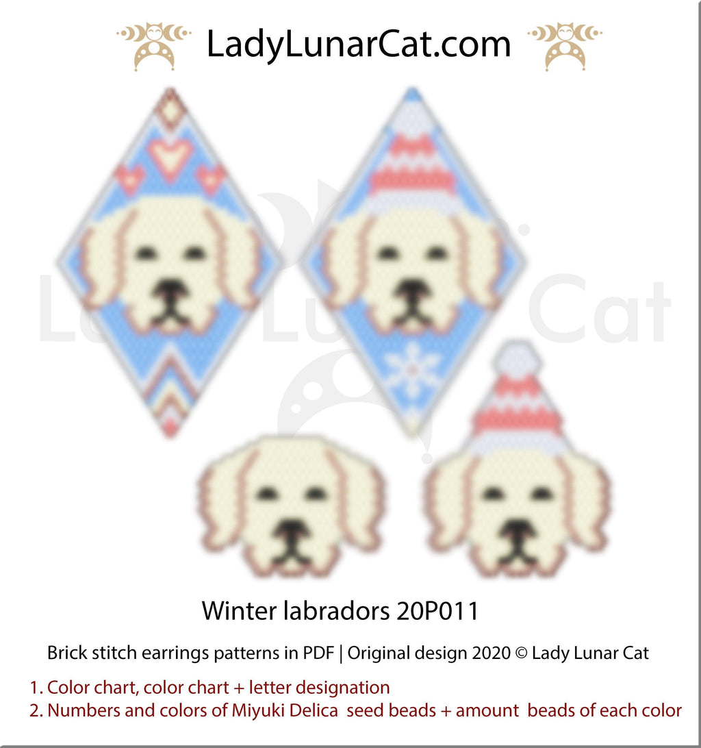 Brick stitch pattern for beading Winter Labradors 20P010 | Christmas beaded earrings tutorial LadyLunarCat