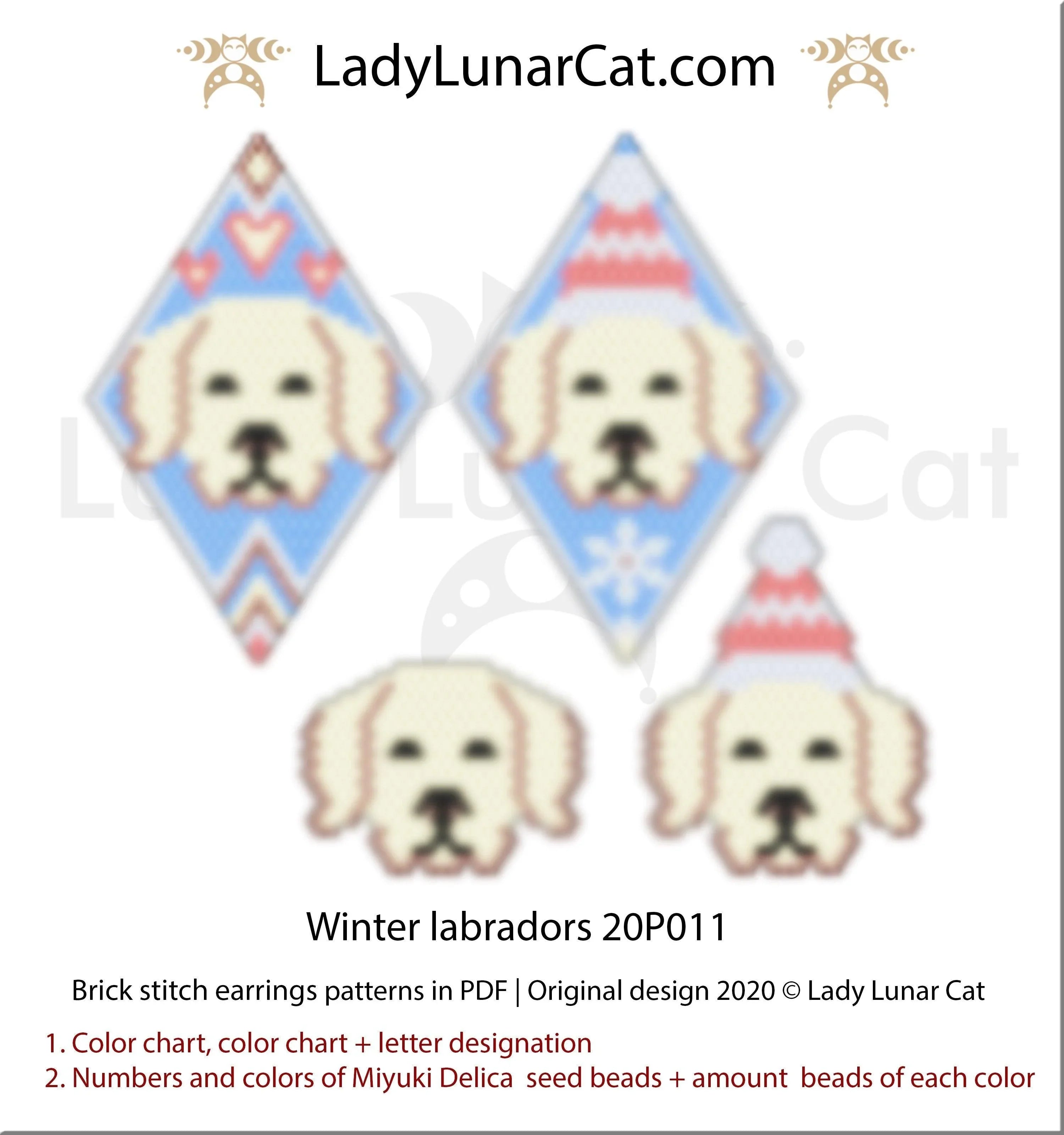 Winter Labradors brick stitch earrings by Lady Lunar Cat — 3 shapes dog Christmas beading PDF 20P011