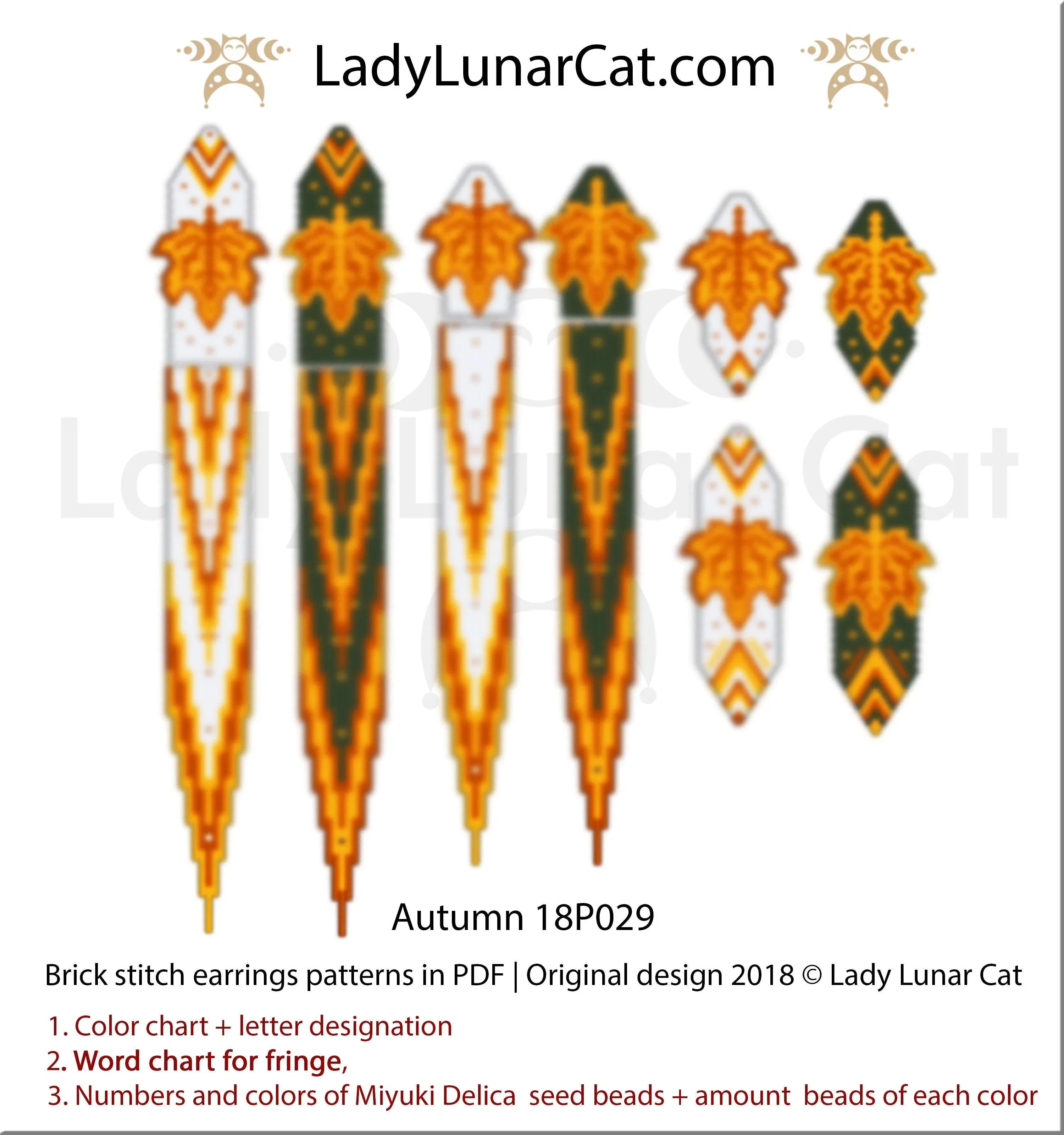 Autumn leaves brick stitch earrings by Lady Lunar Cat — 8 versions fringe fall foliage orange beading PDF 18P029LadyLunarCat