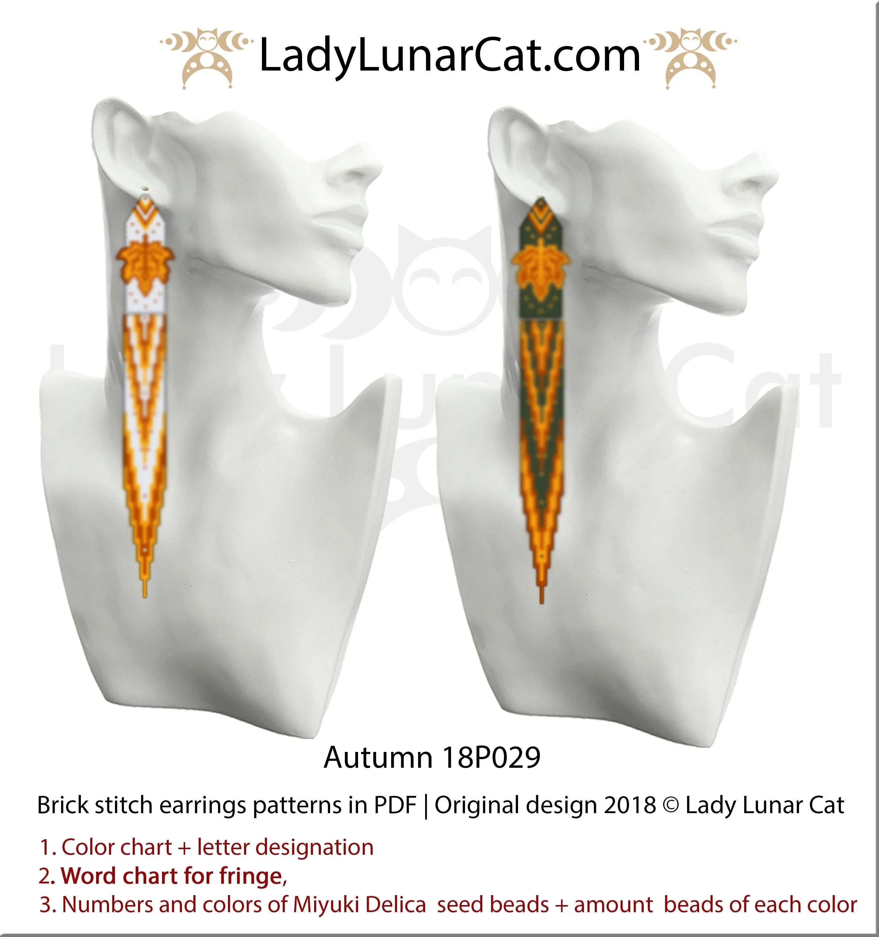Autumn leaves earrings 8 versions — fringe fall foliage orange brick stitch beading LadyLunarCatLadyLunarCat