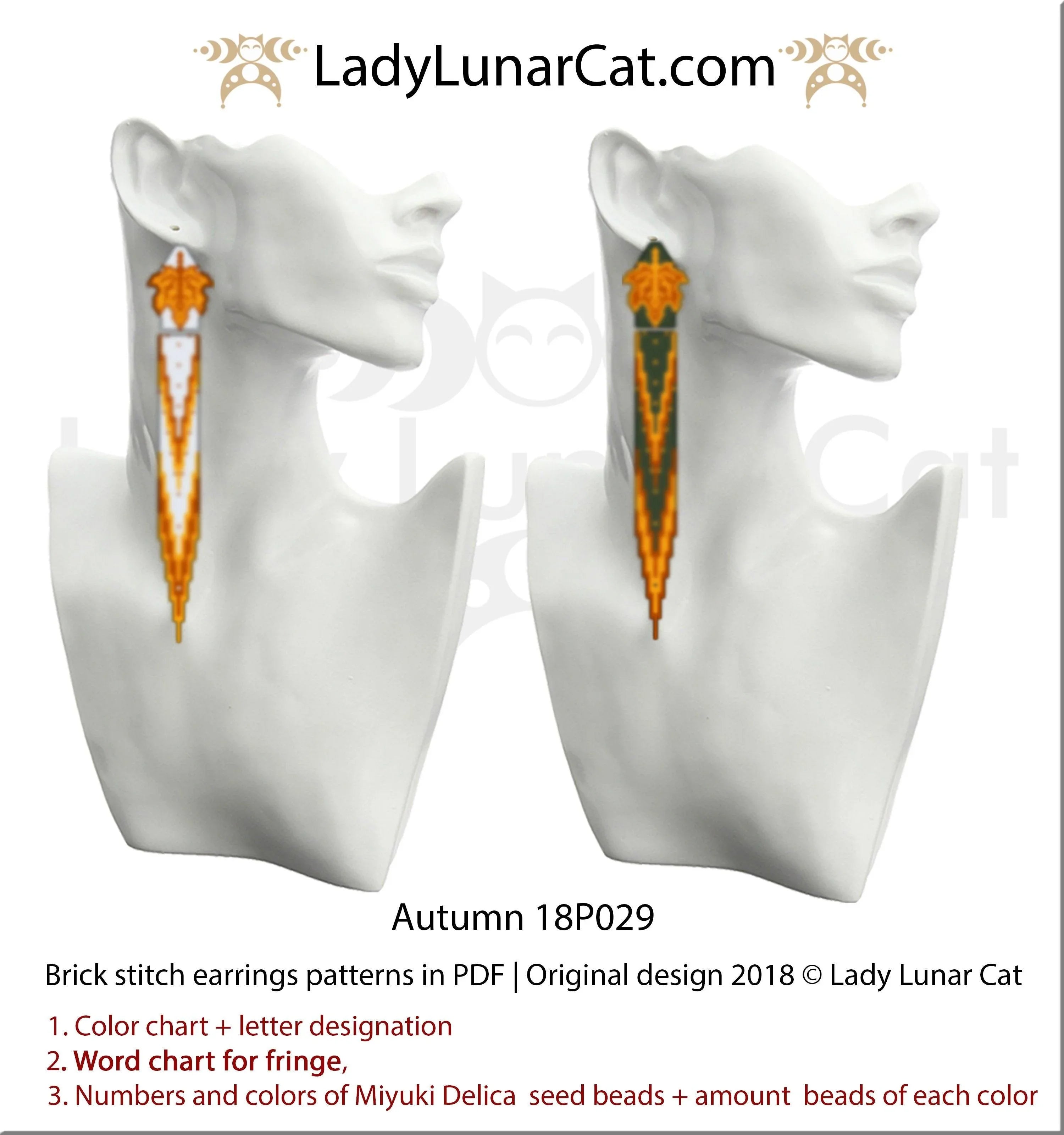 Brick stitch autumn leaves earrings — 8 versions fringe fall foliage orange instant download LadyLunarCatLadyLunarCat