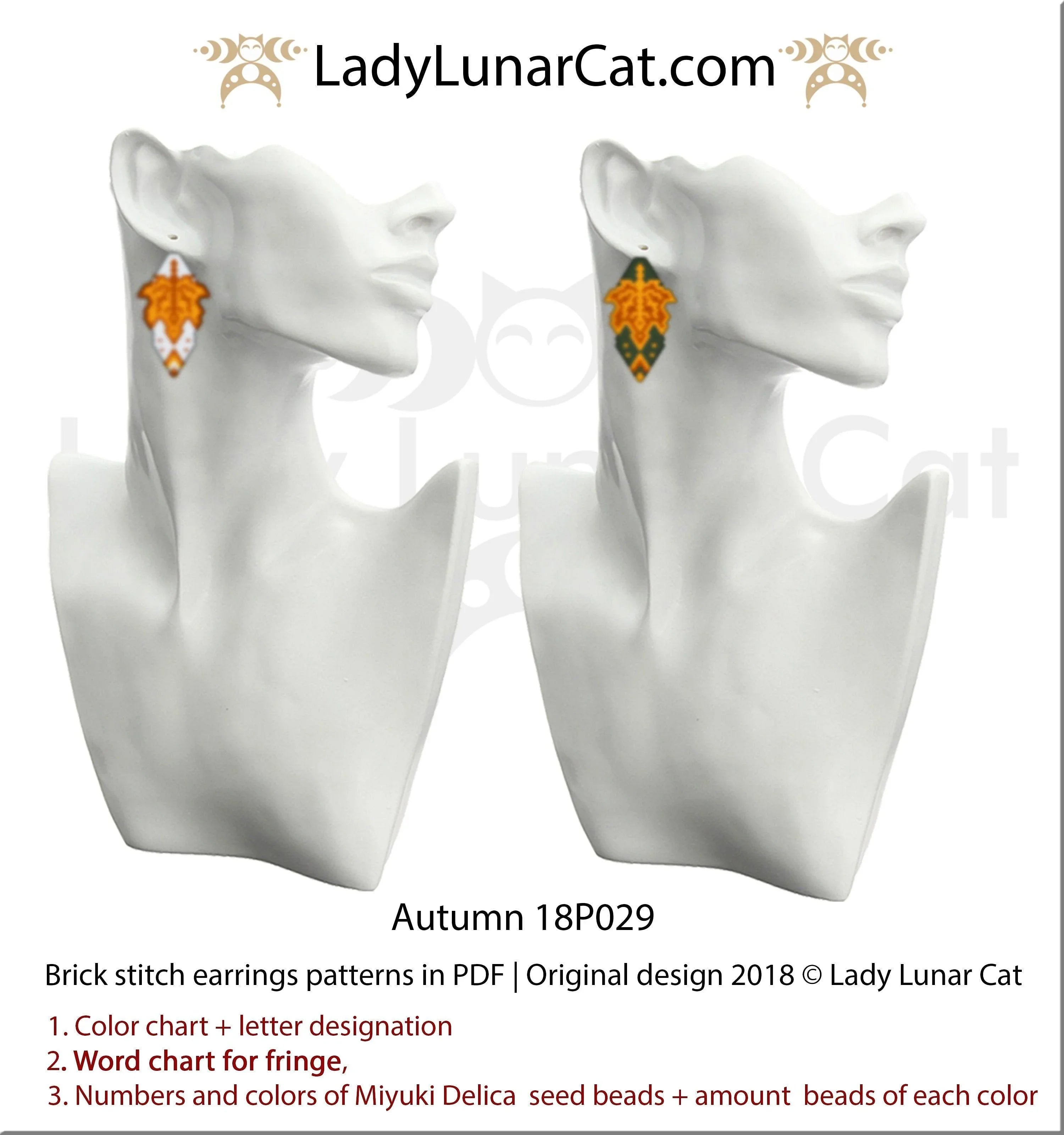 Autumn leaves earrings pattern preview — 8 versions fringe fall foliage orange beading LadyLunarCat