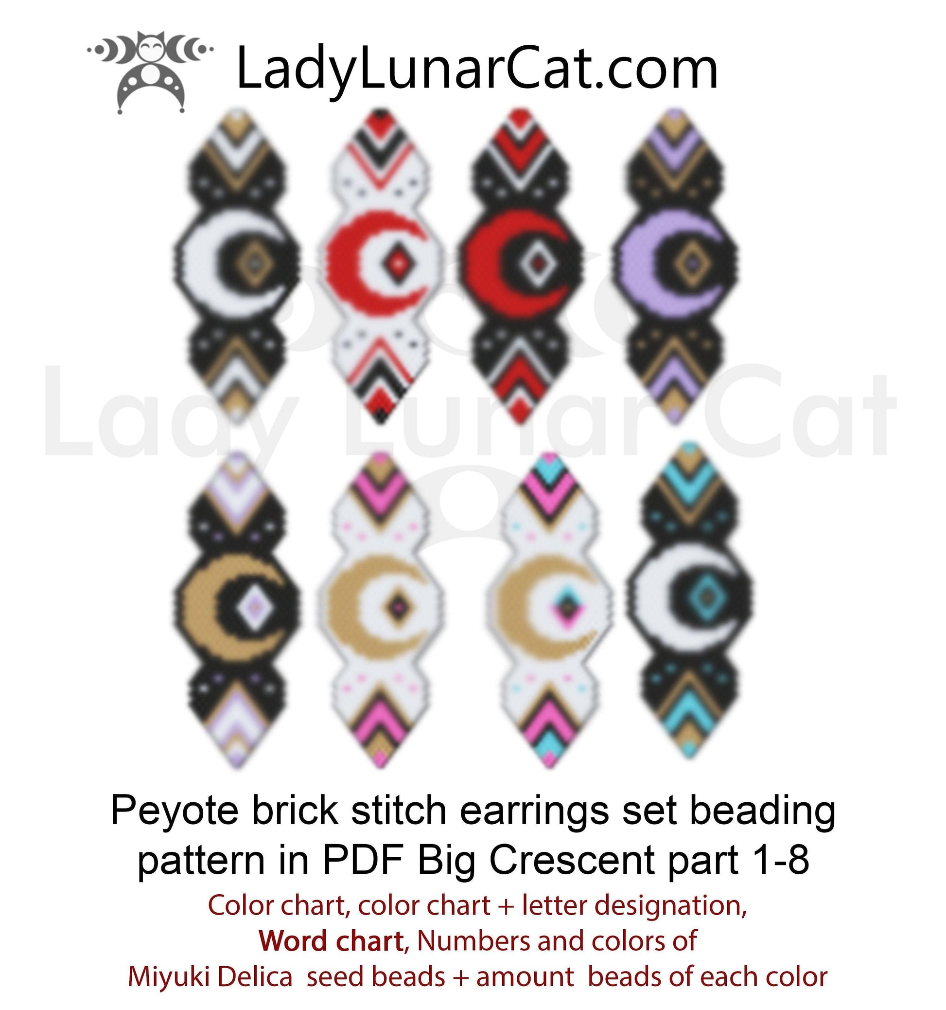 Brick stitch patterns for beading Crescent moon earrings set LadyLunarCat