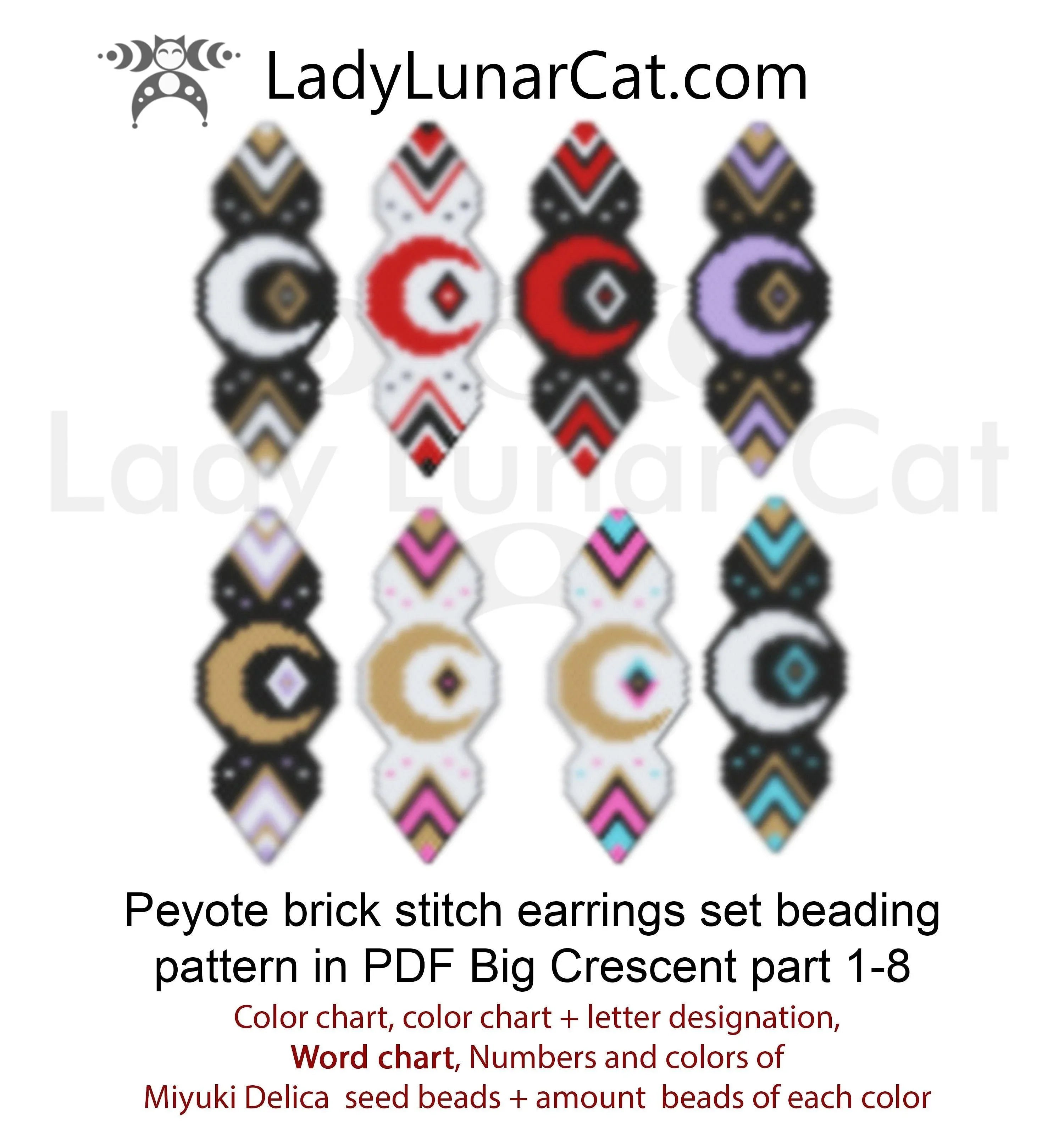 Crescent moon brick stitch earrings pattern PDF by Lady Lunar Cat — 8 versions celestial