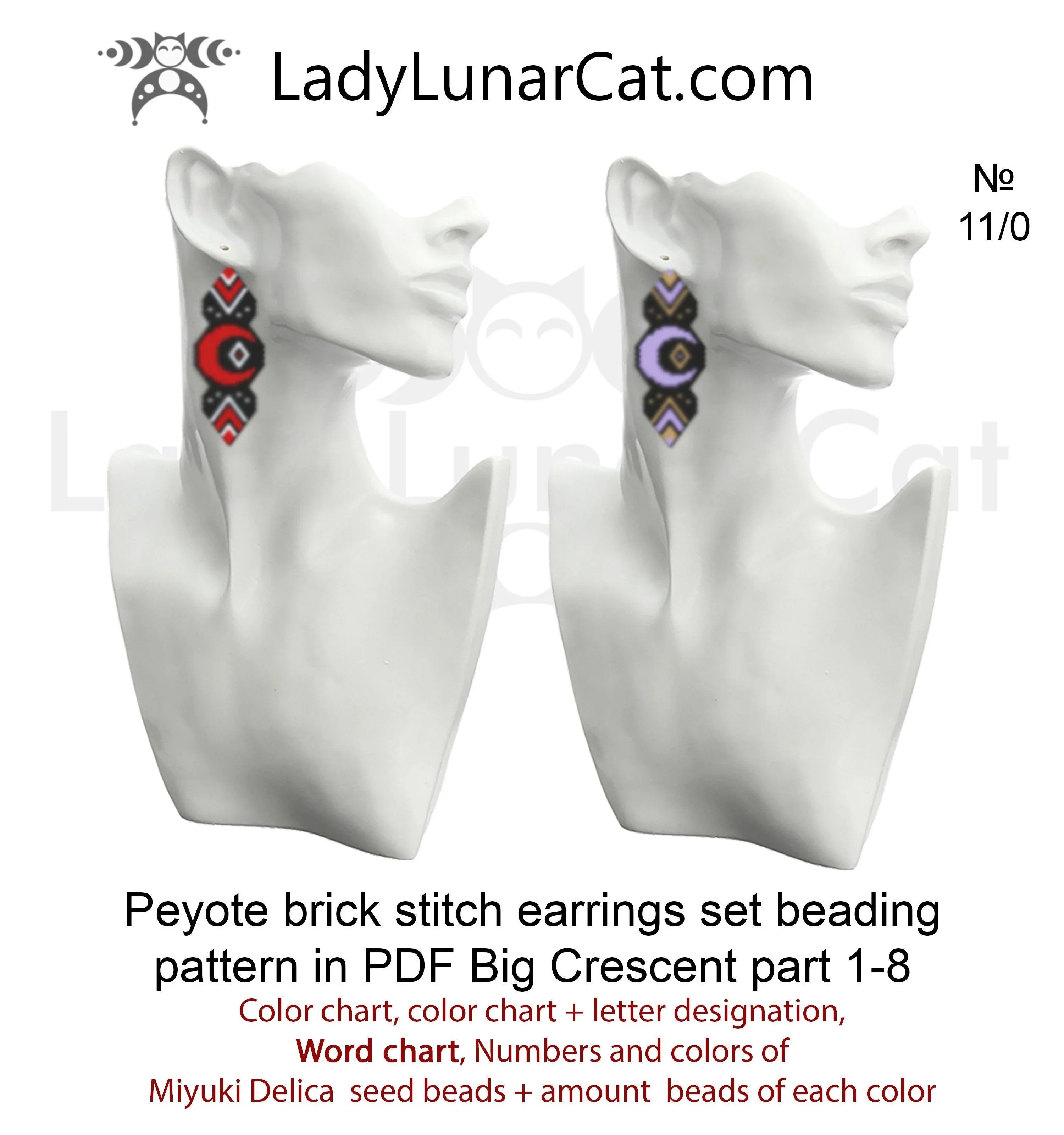 Beaded crescent moon drop earrings — brick stitch tutorial PDF, easy level