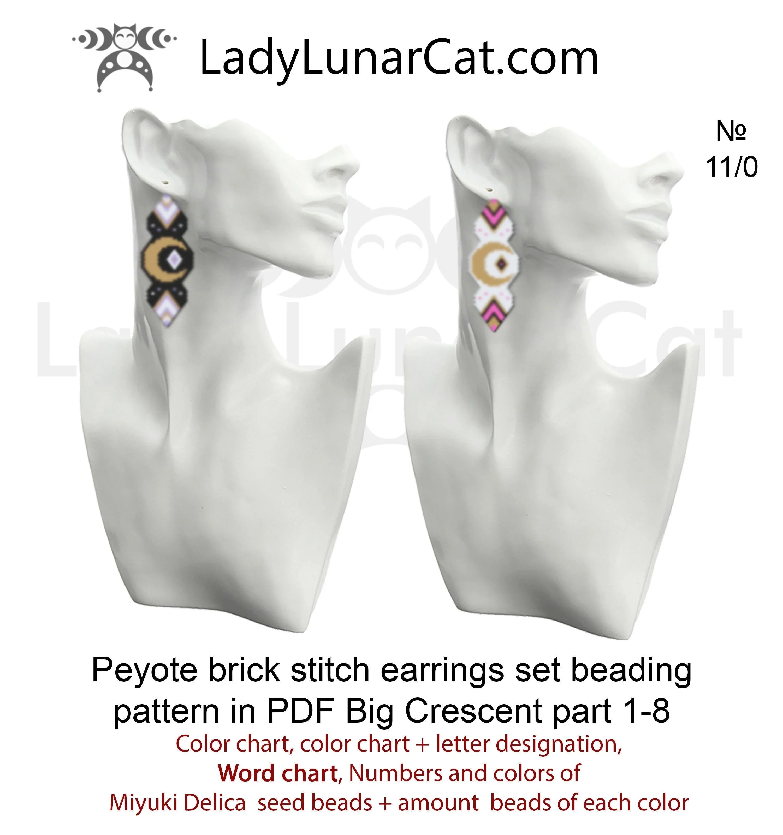 Crescent moon earrings beading pattern preview — 8 versions, graph paper included
