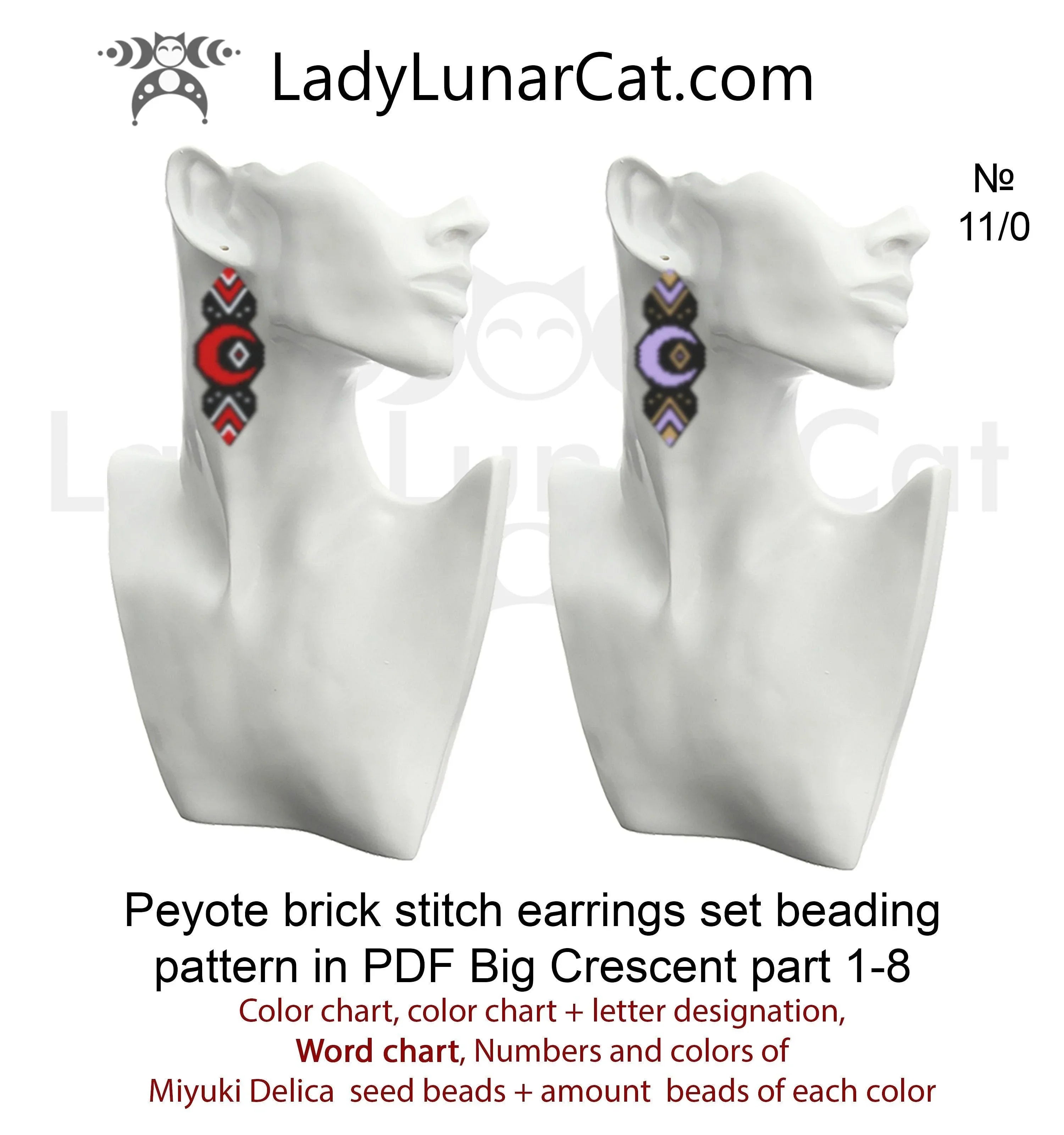 Brick stitch crescent moon earrings — 17×62 beads, 8 color versions, instant download