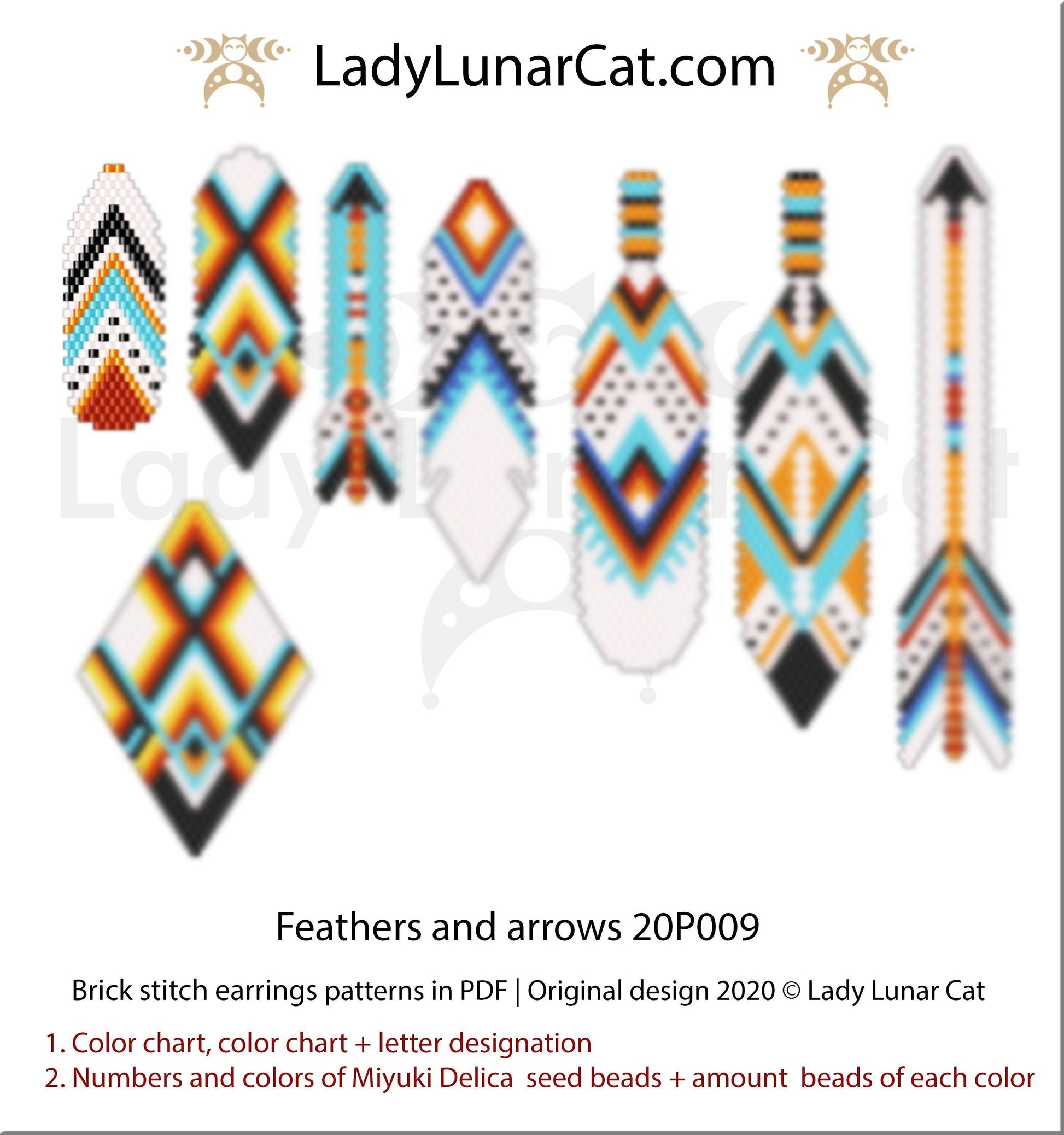 Brick stitch patterns for beading Feathers and arrows earrings 20P009 LadyLunarCat