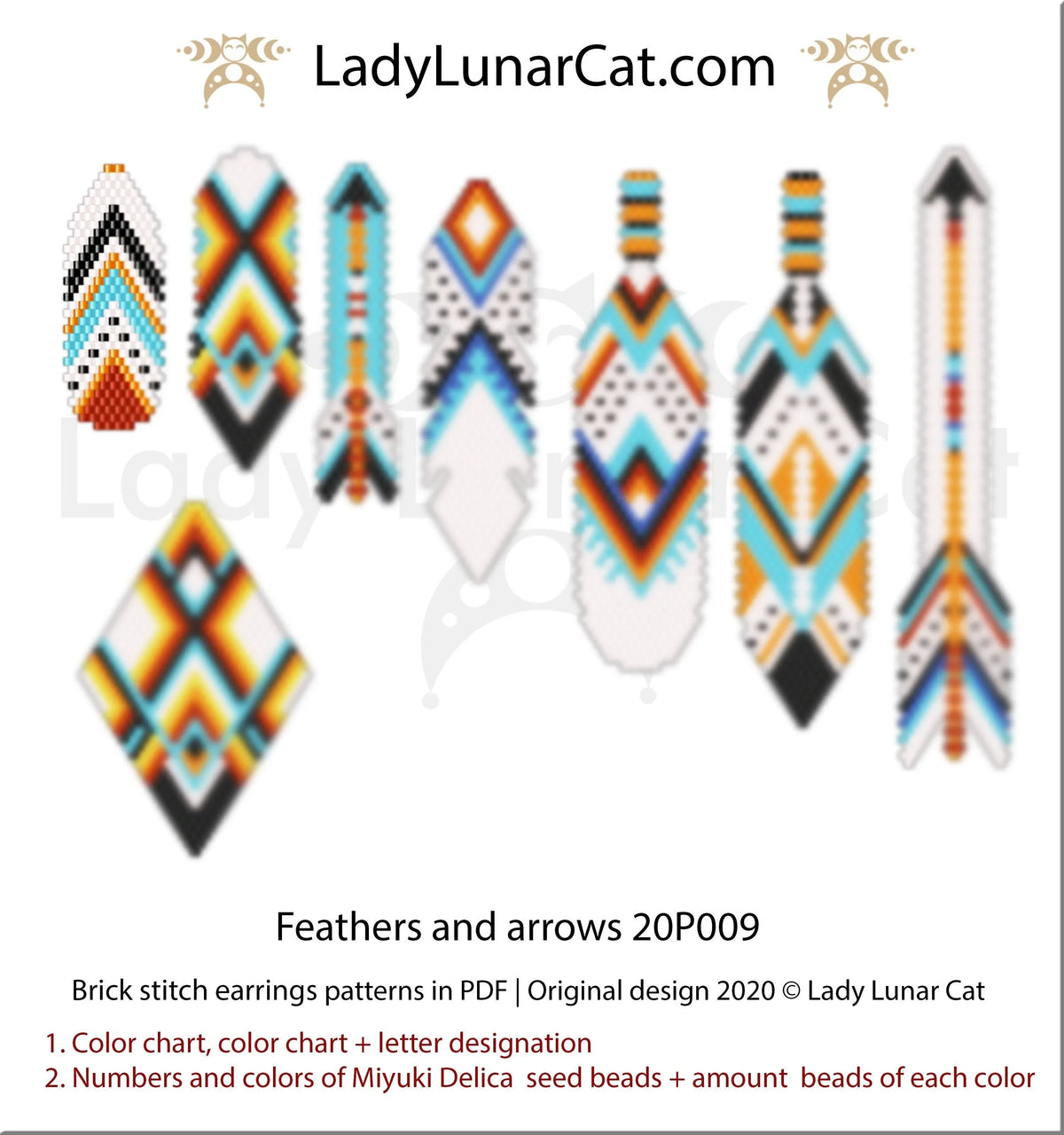 Feathers and arrows brick stitch earrings pattern PDF by Lady Lunar Cat — 8 sizes 20P009