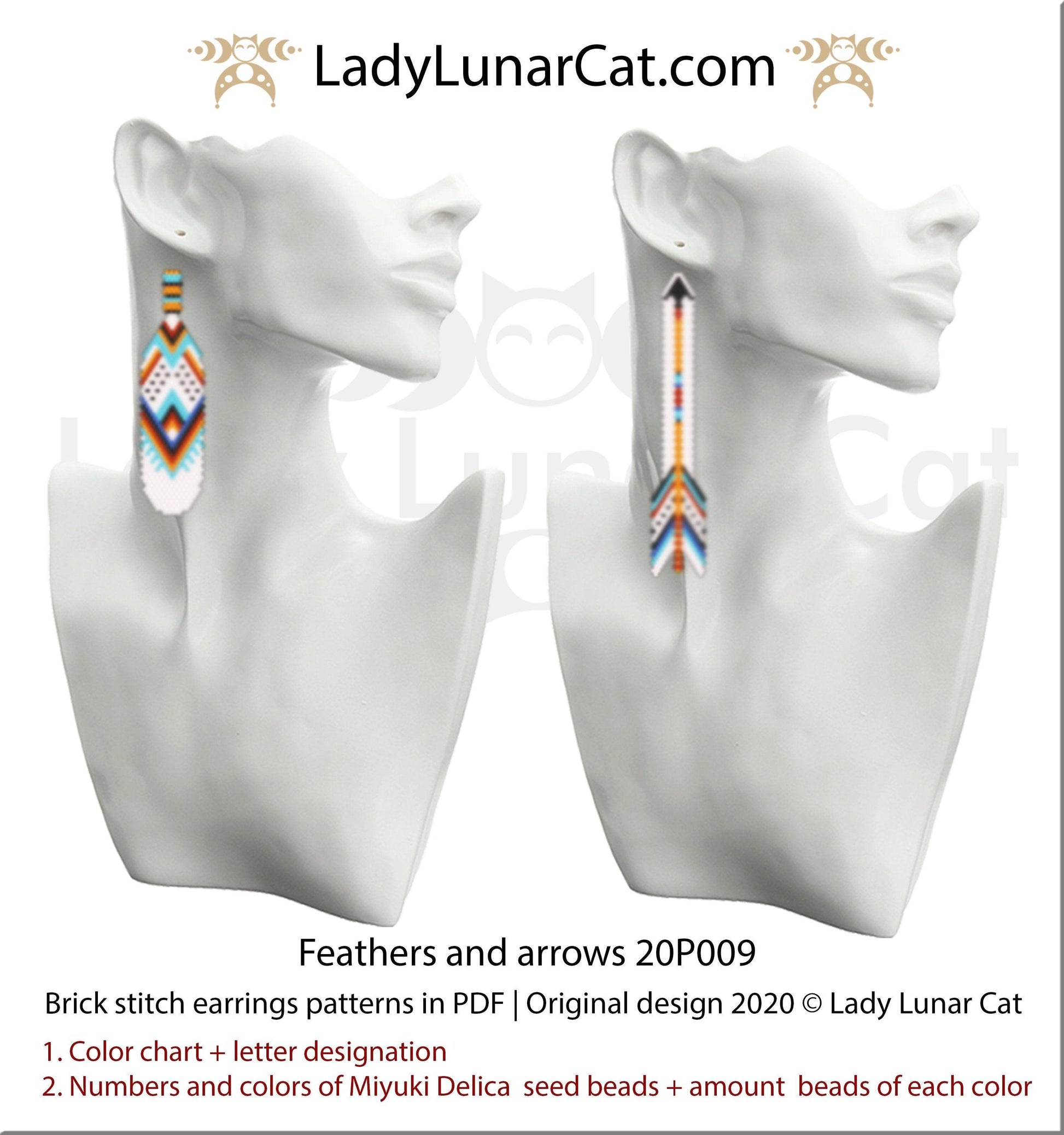 Brick stitch patterns for beading Feathers and arrows earrings 20P009 LadyLunarCat