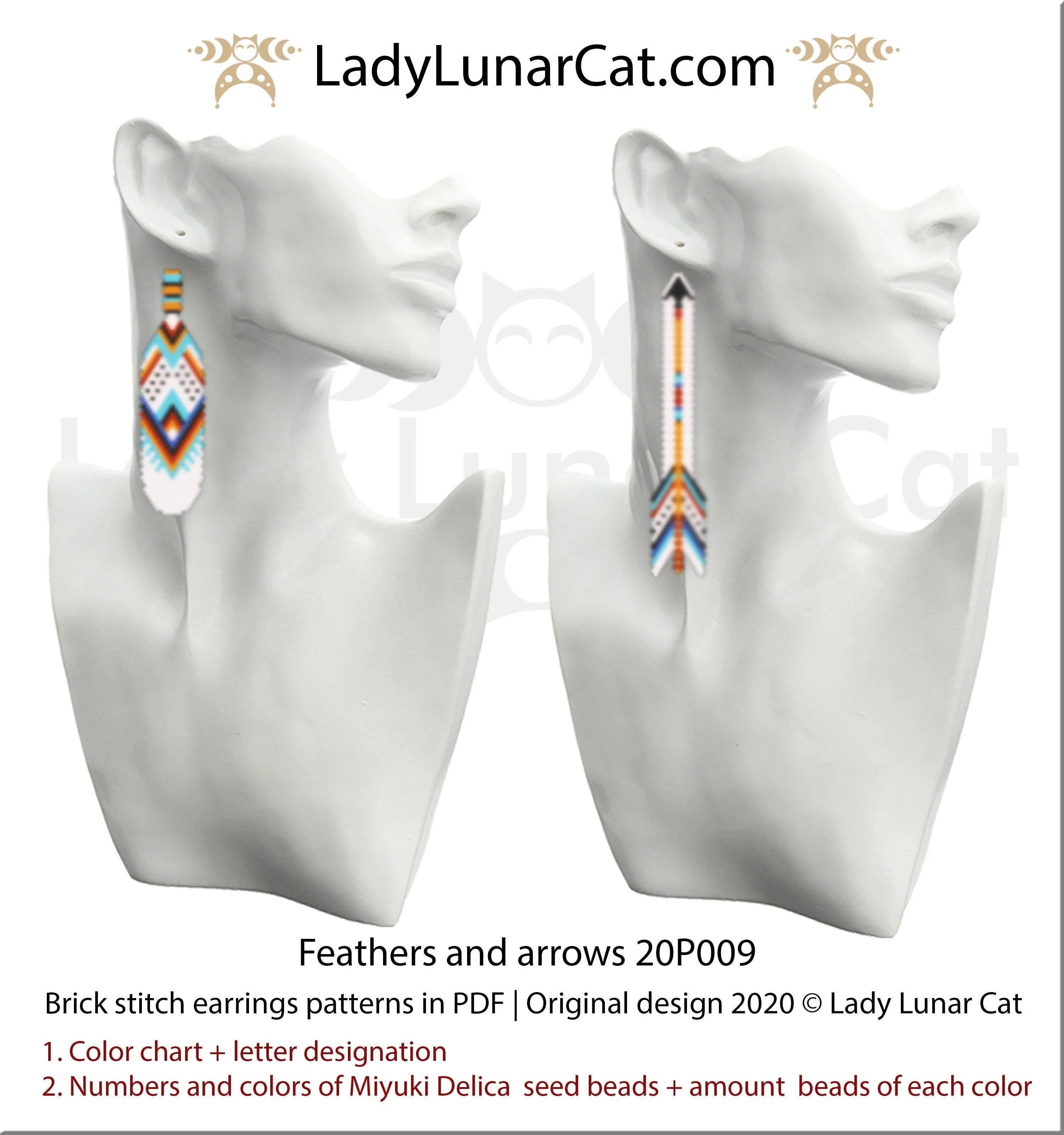 Lady Lunar Cat feathers arrows brick stitch earrings — boho beading PDF 20P009