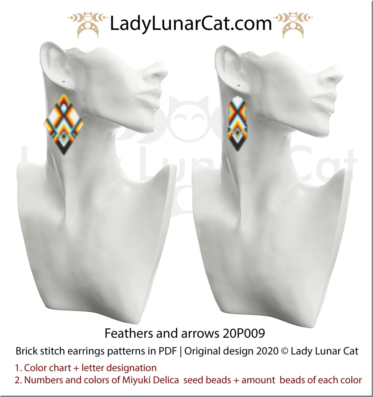 Brick stitch patterns for beading Feathers and arrows earrings 20P009 LadyLunarCat