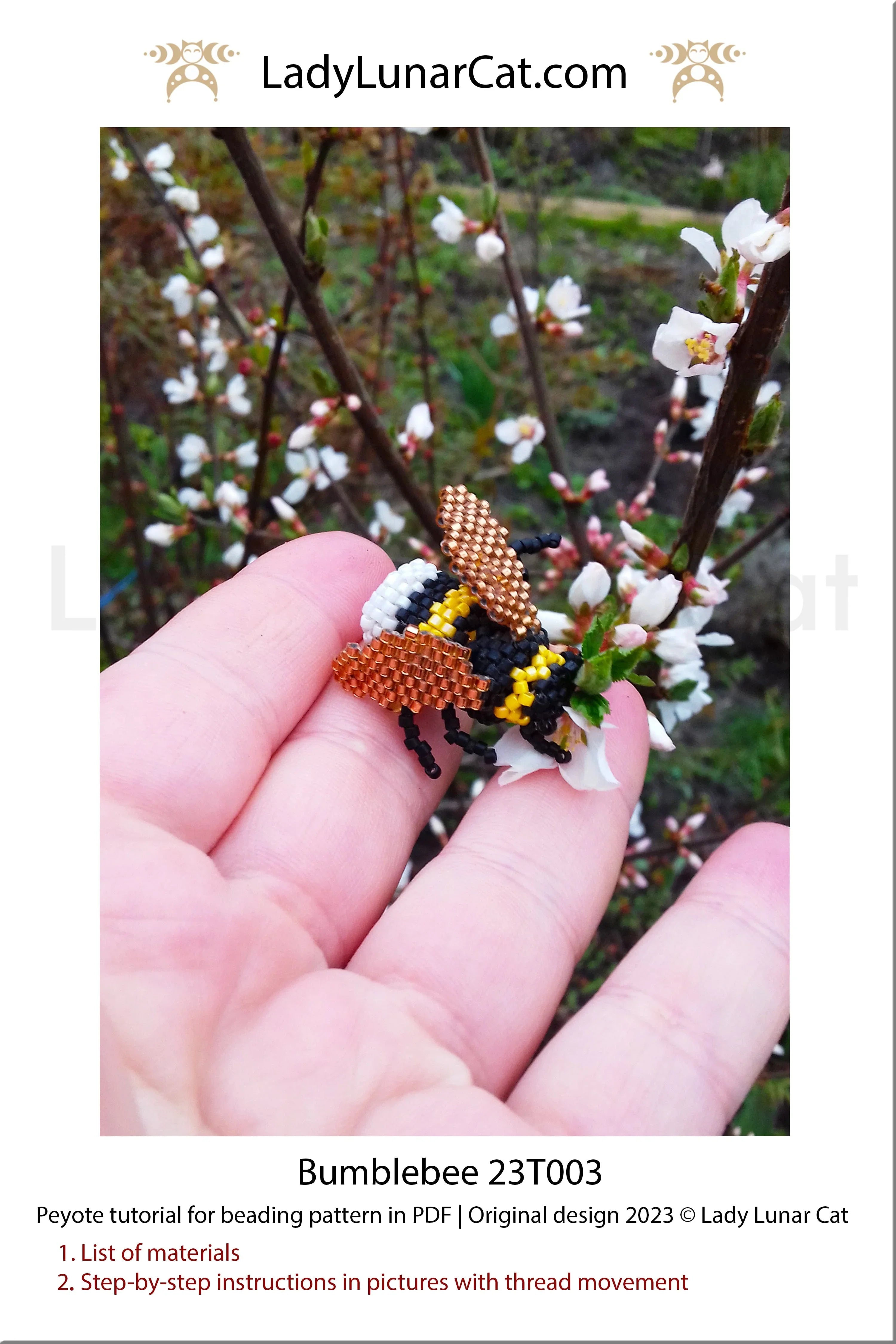Bumblebee beaded brooch step by step - tutorial photos and text instructions LadyLunarCat