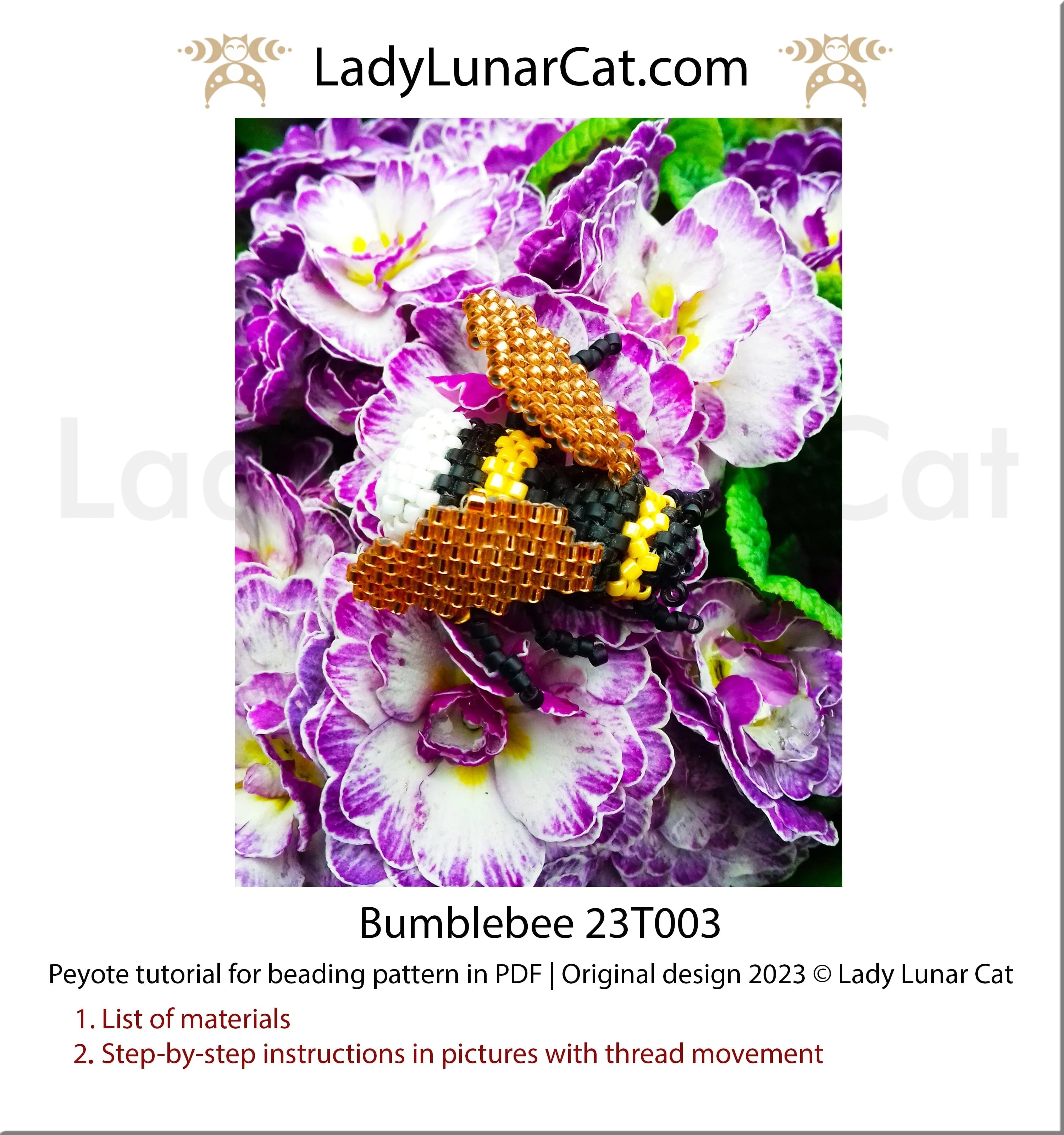 Bumblebee peyote brooch detail - yellow black white transparent seed beads LadyLunarCat