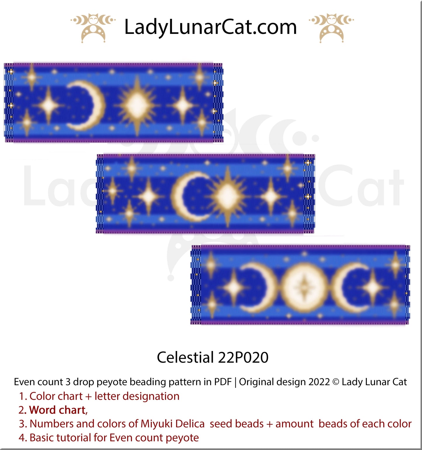 Peyote 3drop bracelet pattern for beading Celestial 22P020 LadyLunarCat