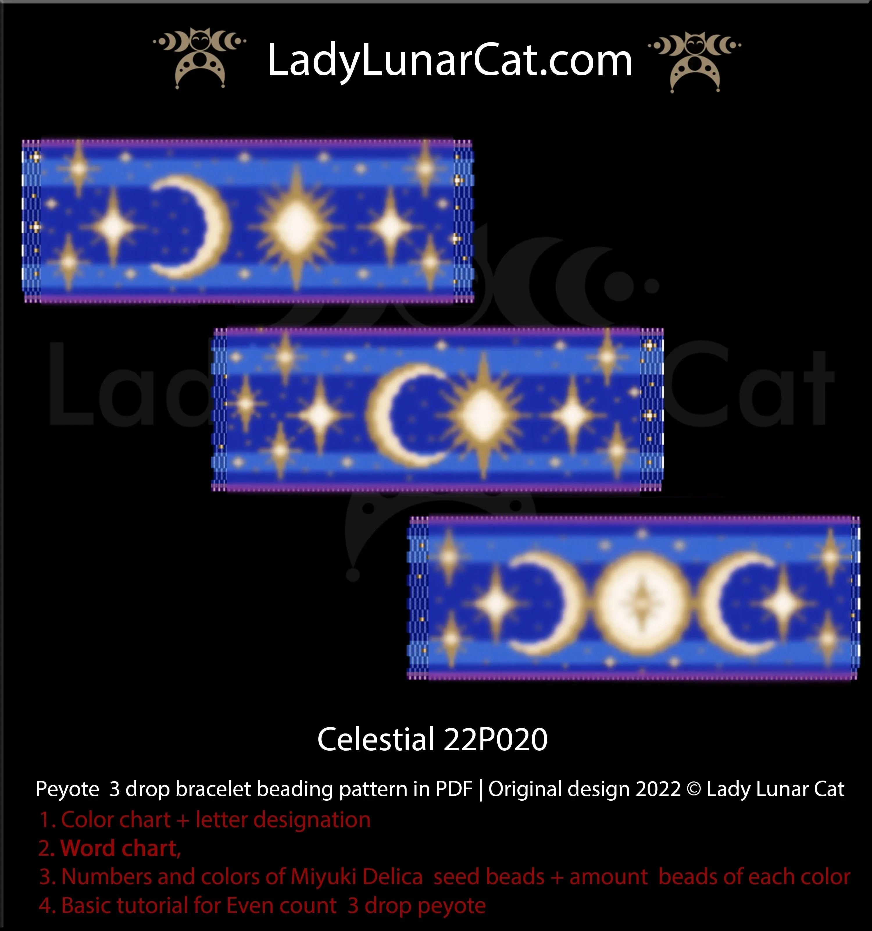 Celestial peyote 3-drop bracelet pattern PDF by Lady Lunar Cat — starry sky 22P020