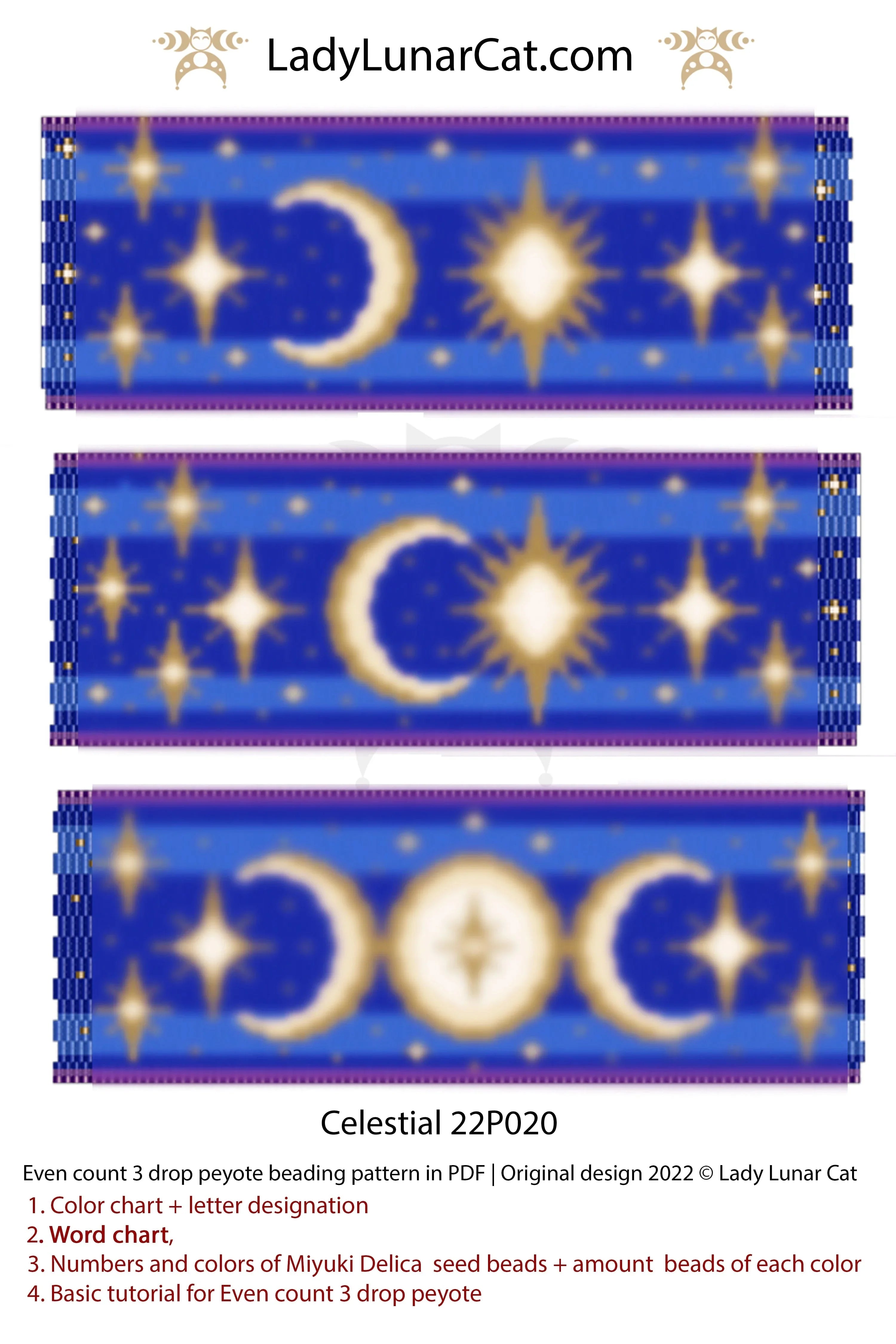 Peyote 3-drop bracelet celestial — 26-page PDF, bead count in grams, instant downloadLadyLunarCat