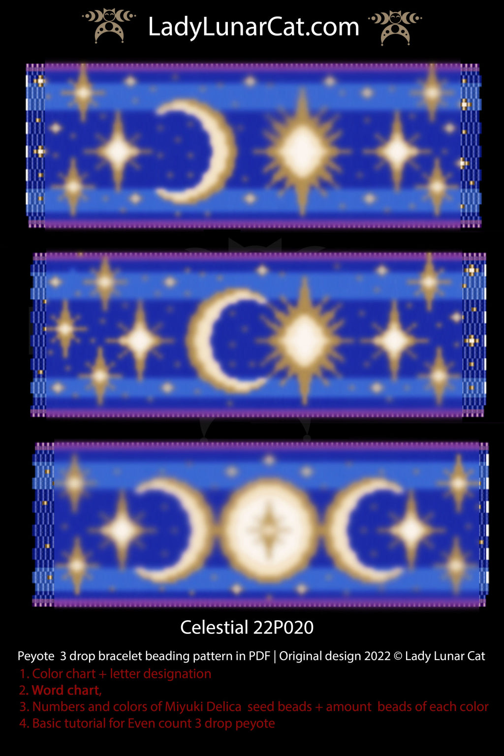 Peyote 3drop bracelet pattern for beading Celestial 22P020 LadyLunarCat
