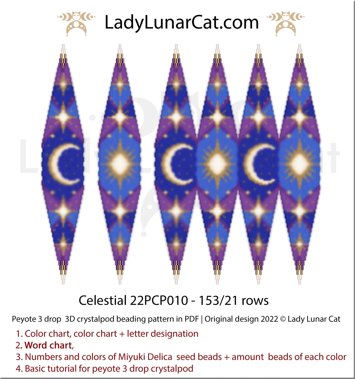 Peyote 3drop pod pattern or crystalpod pattern for beading Celestial 22PCP010 LadyLunarCat