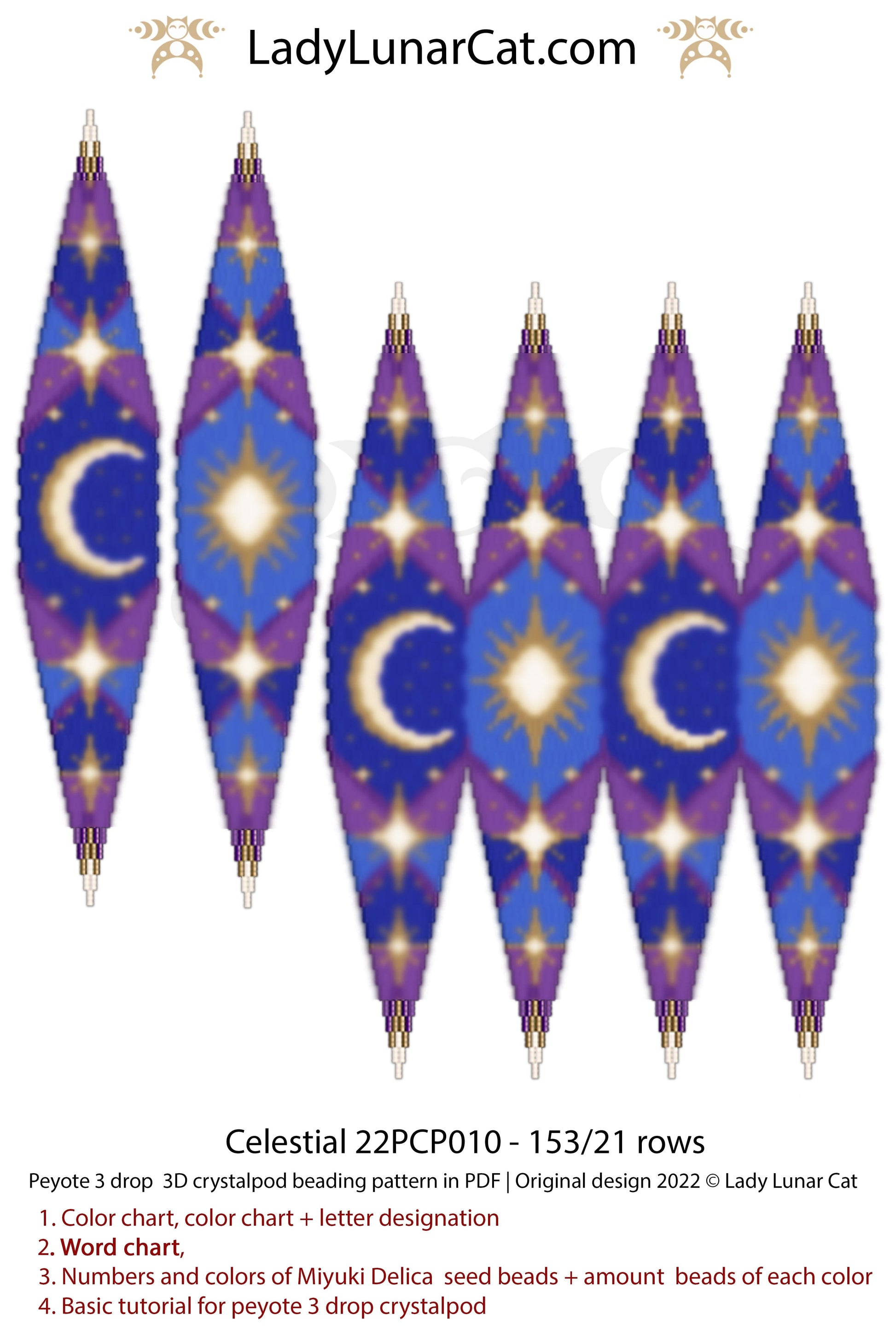 Peyote 3drop pod pattern or crystalpod pattern for beading Celestial 22PCP010 LadyLunarCat