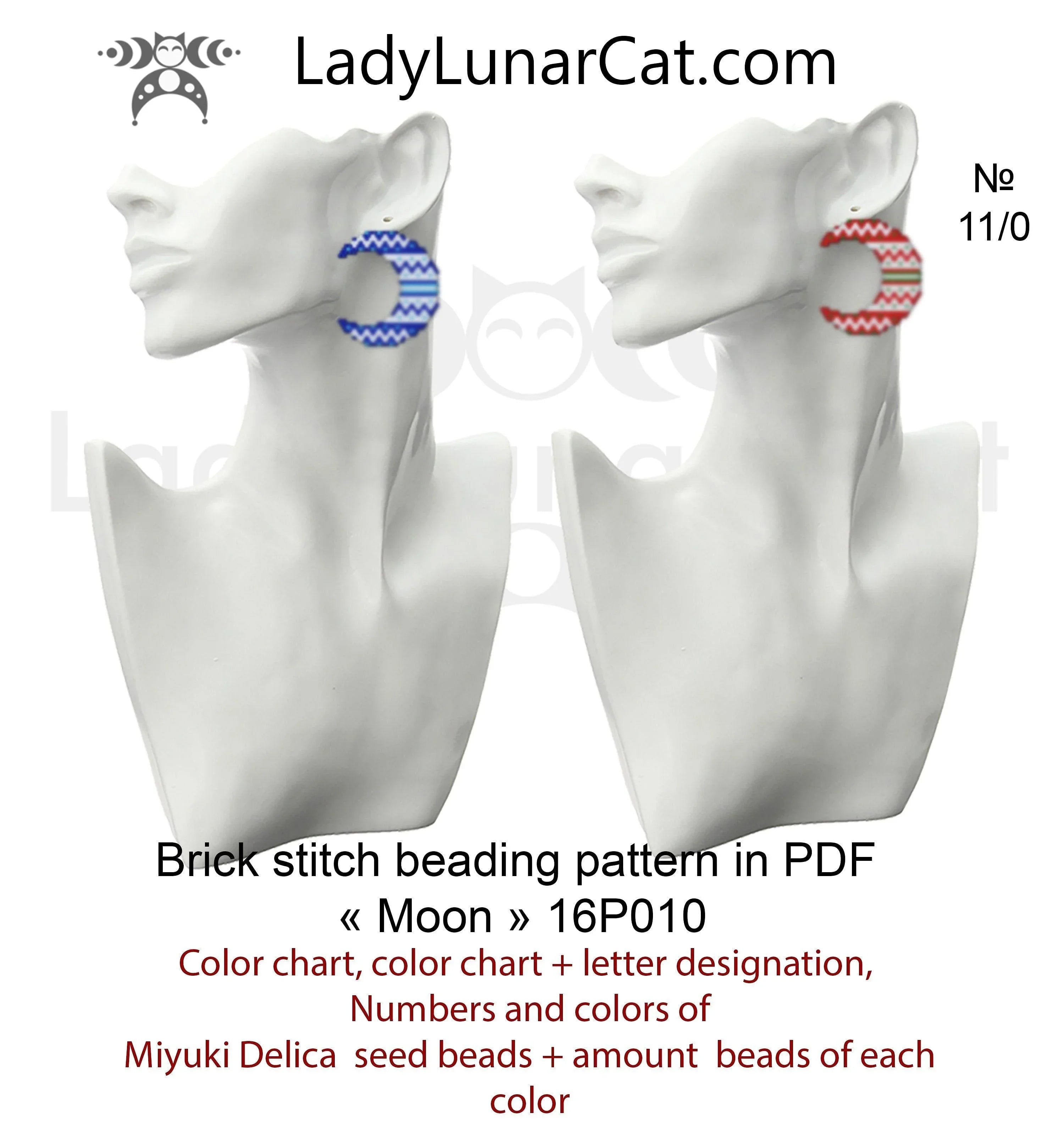 Crescent moon brick stitch earrings — 8 color versions, 25×35 beads, winter ornaments, Miyuki Delica 11/0