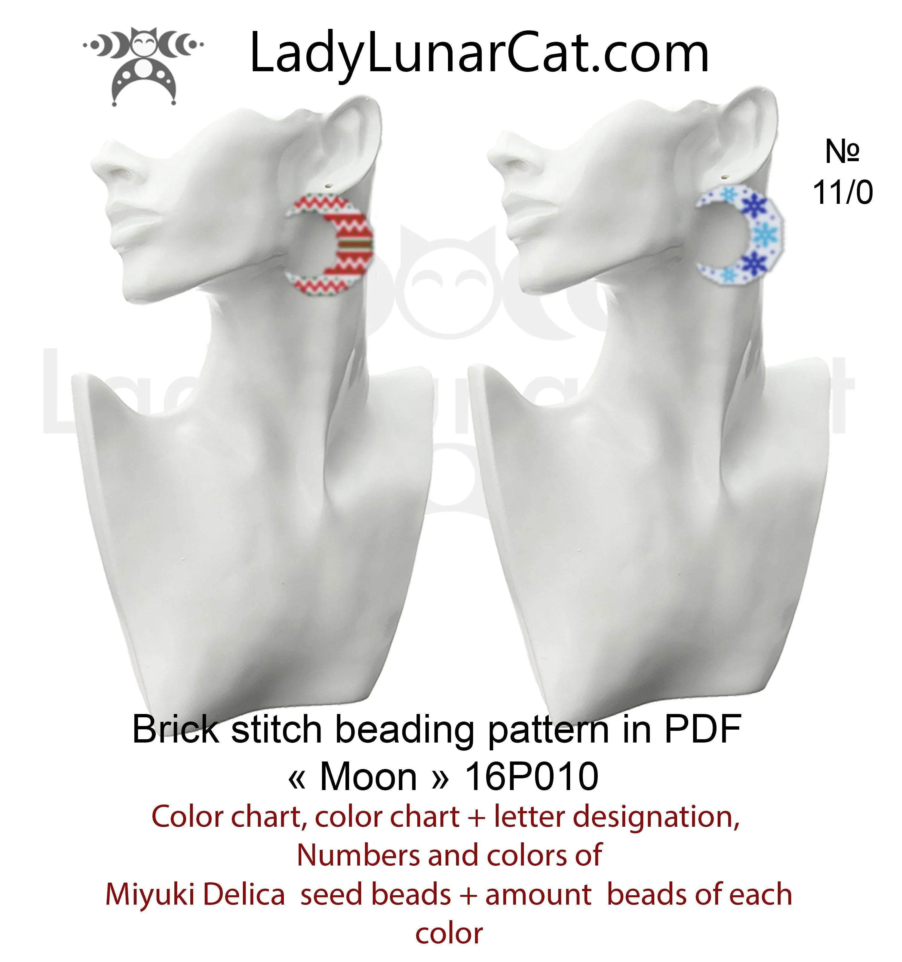 Brick stitch moon crescent earrings — 16-page PDF, Christmas celestial, instant download