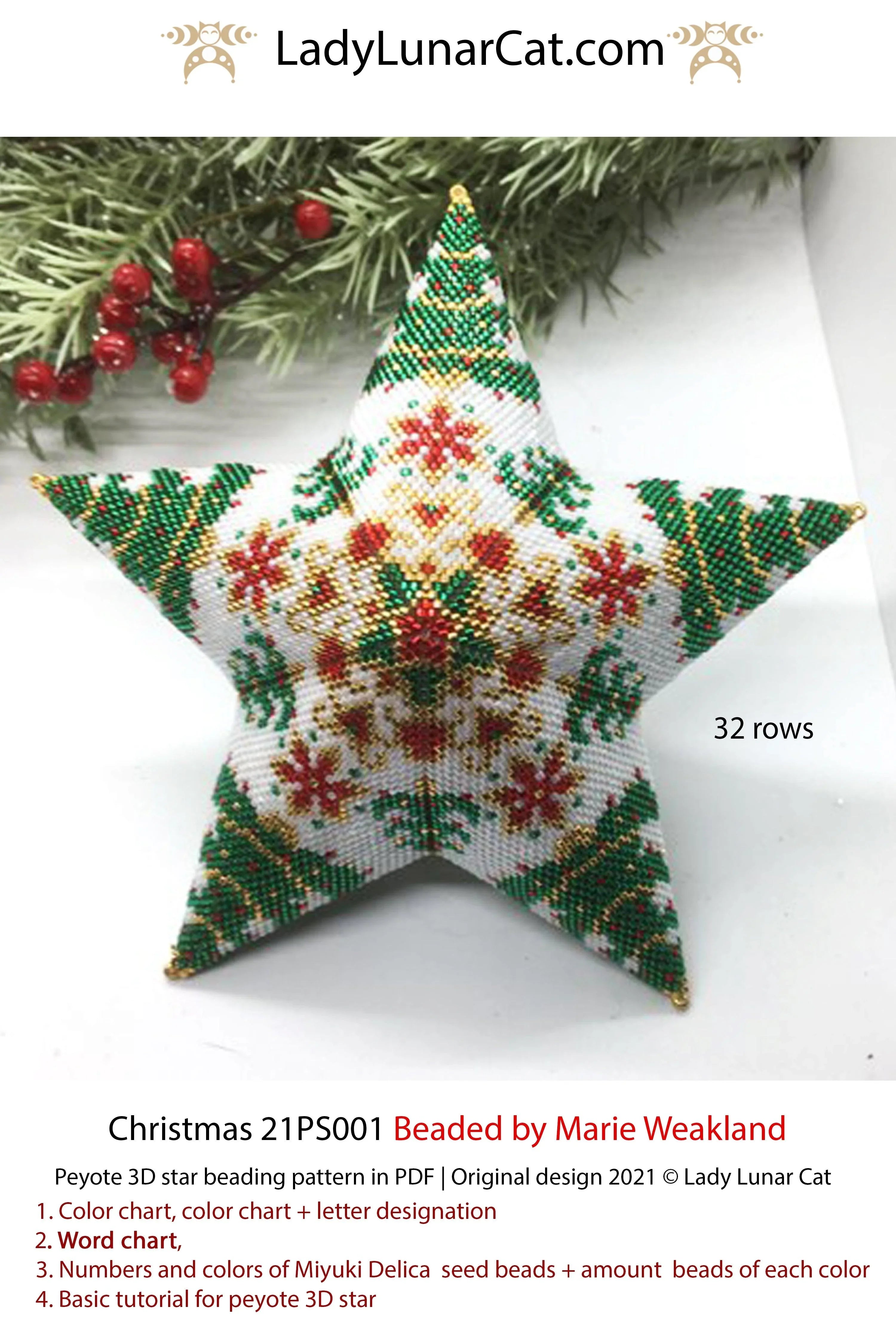 Lady Lunar Cat Christmas tree peyote star — extra large advanced holiday beading PDF 21PS001