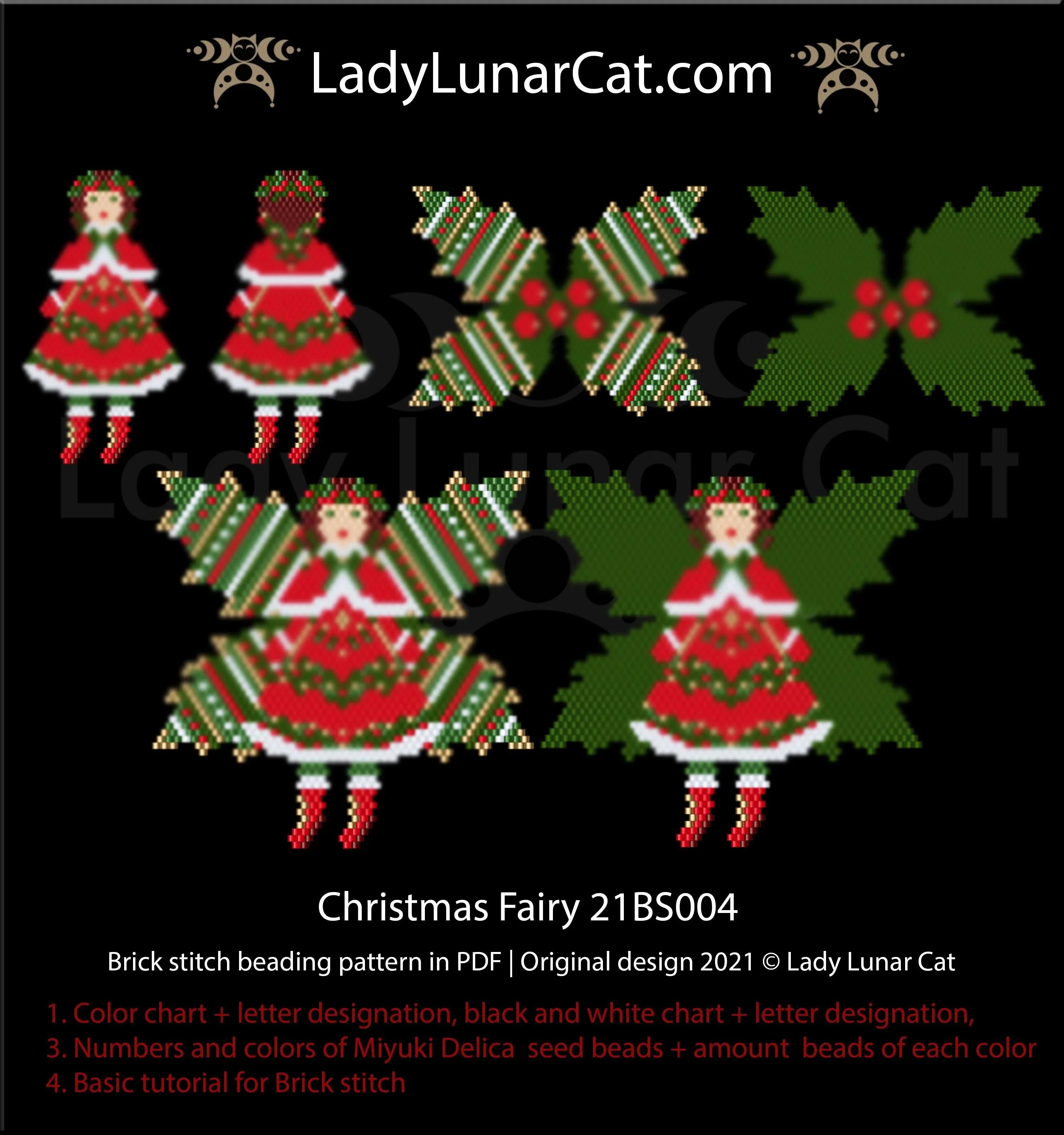Christmas fairy brick stitch pattern PDF by Lady Lunar Cat — wings or doll 21BS004