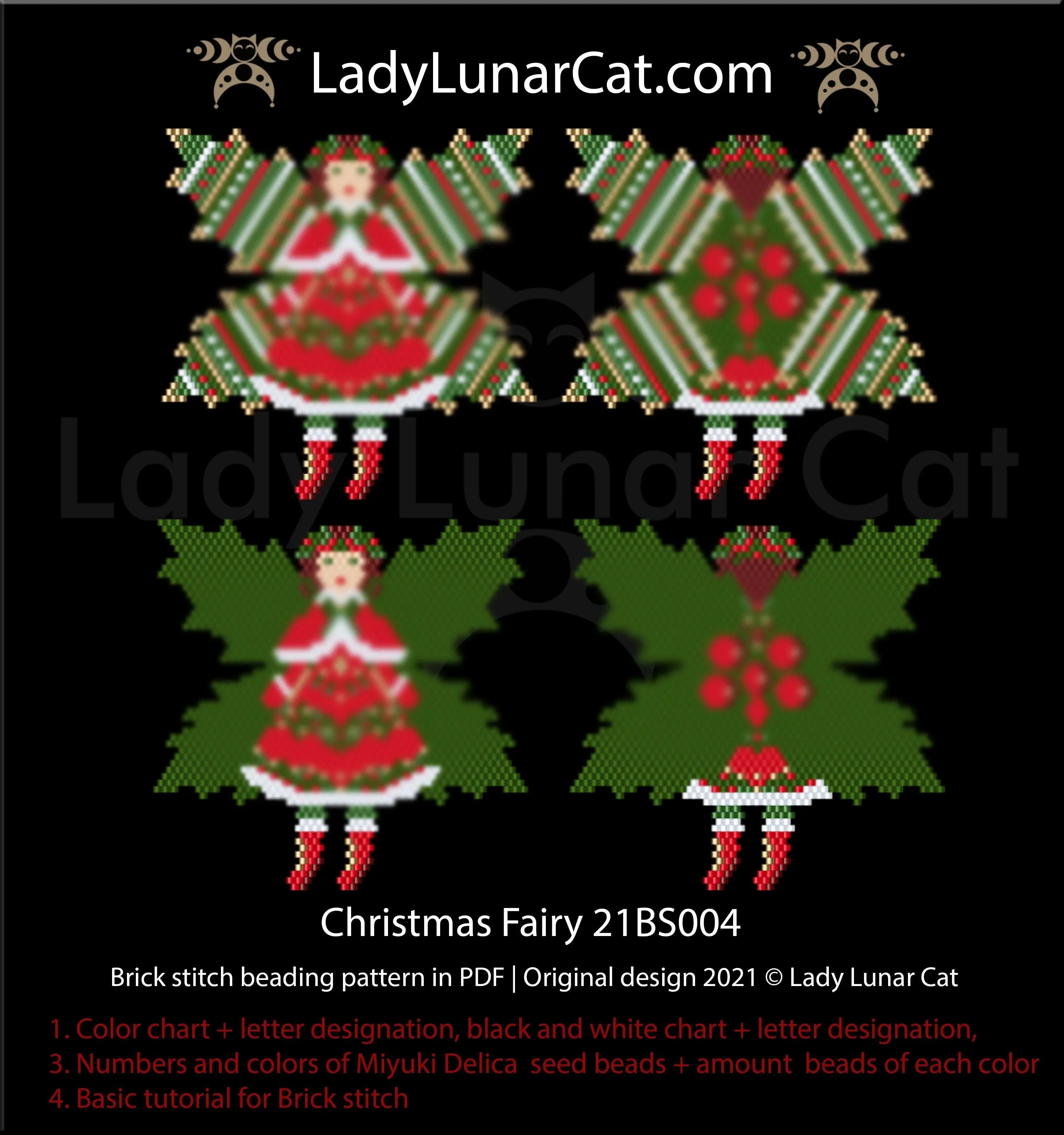 Christmas fairy brick stitch — 7 colors, 40/56 beads, 3 wing options, Miyuki Delica 11/0
