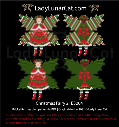 Christmas fairy brick stitch — 7 colors, 40/56 beads, 3 wing options, Miyuki Delica 11/0