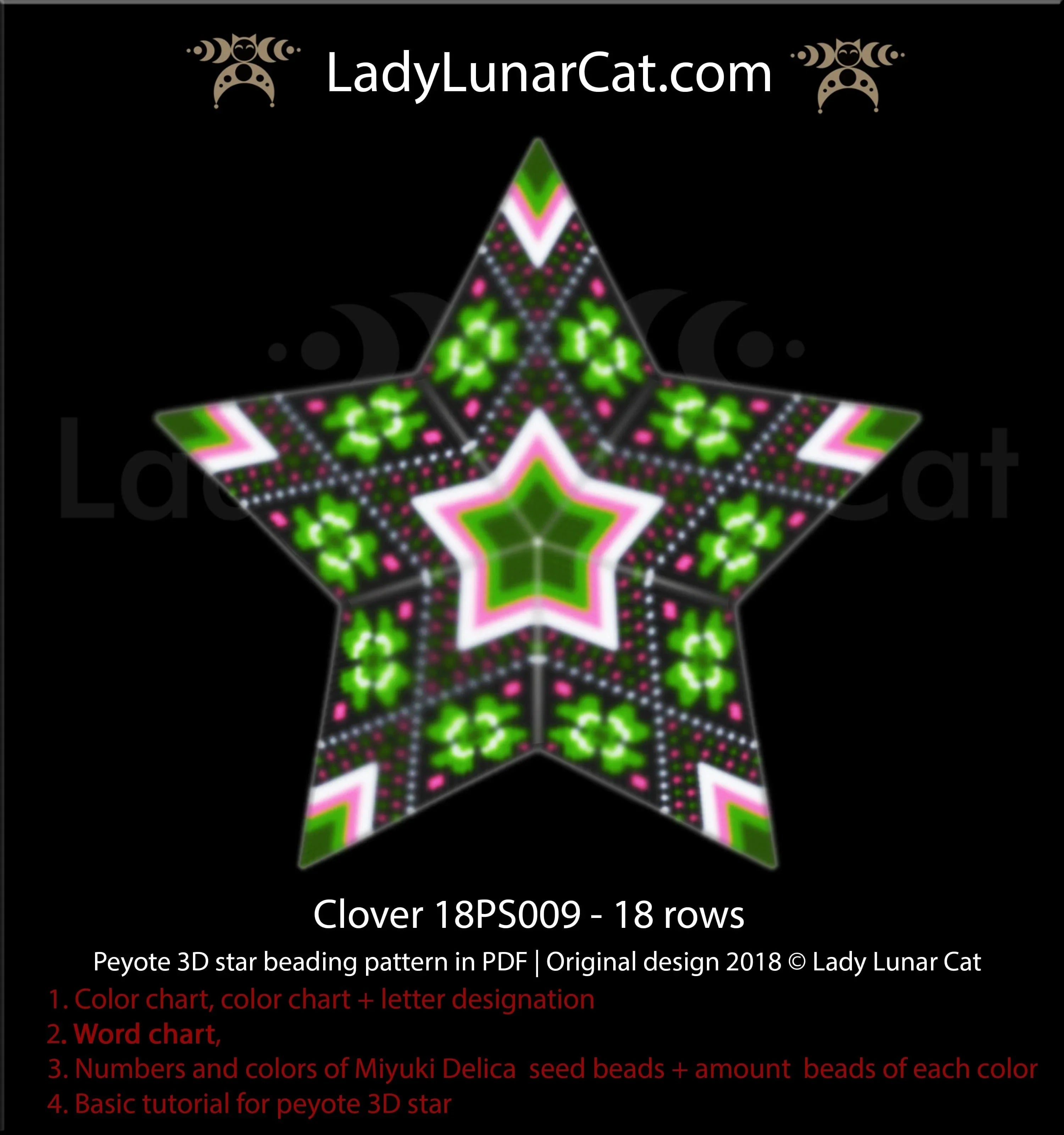 Clover peyote star - 65 beads 33 rows 5 colors St. Patrick's Day PDF LadyLunarCat