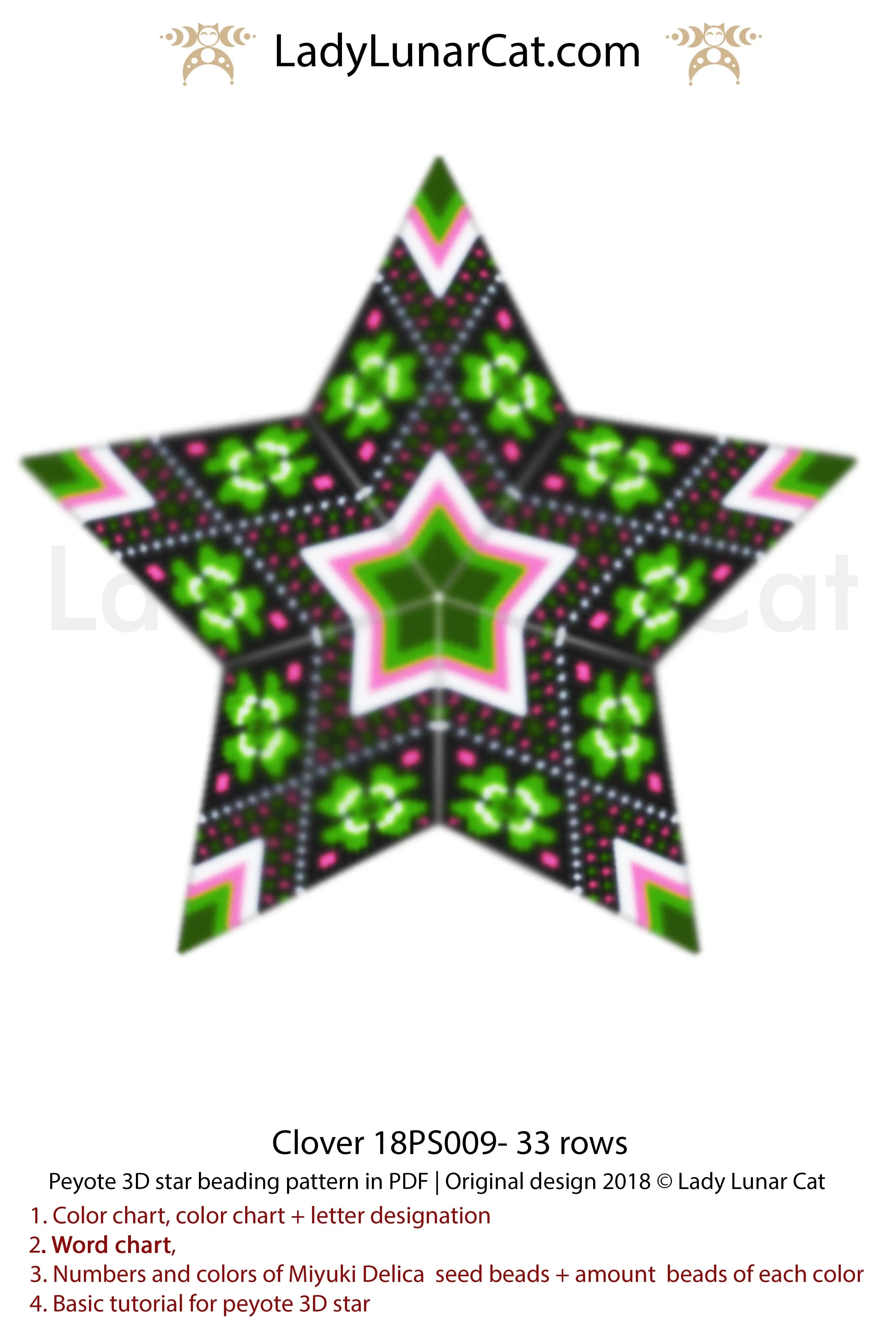 Clover peyote star pattern chart - word chart bead legend 17 pages PDF LadyLunarCat