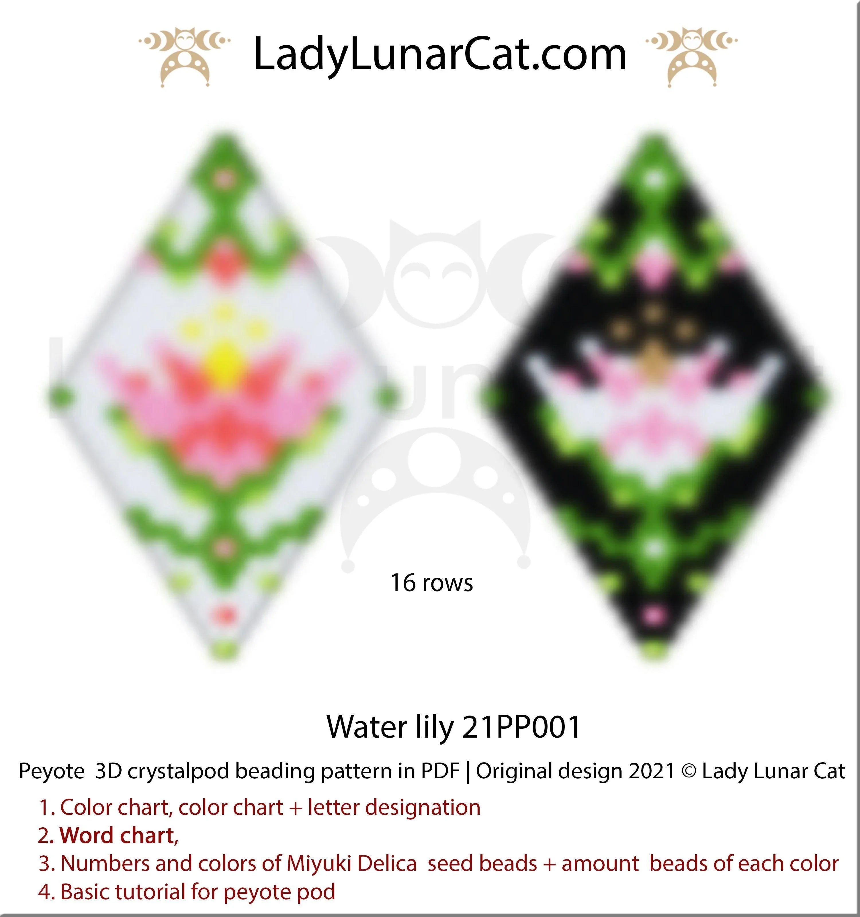Water lily peyote pod beading pattern — 3 versions, 7–9 colors, Miyuki Delica 11/0