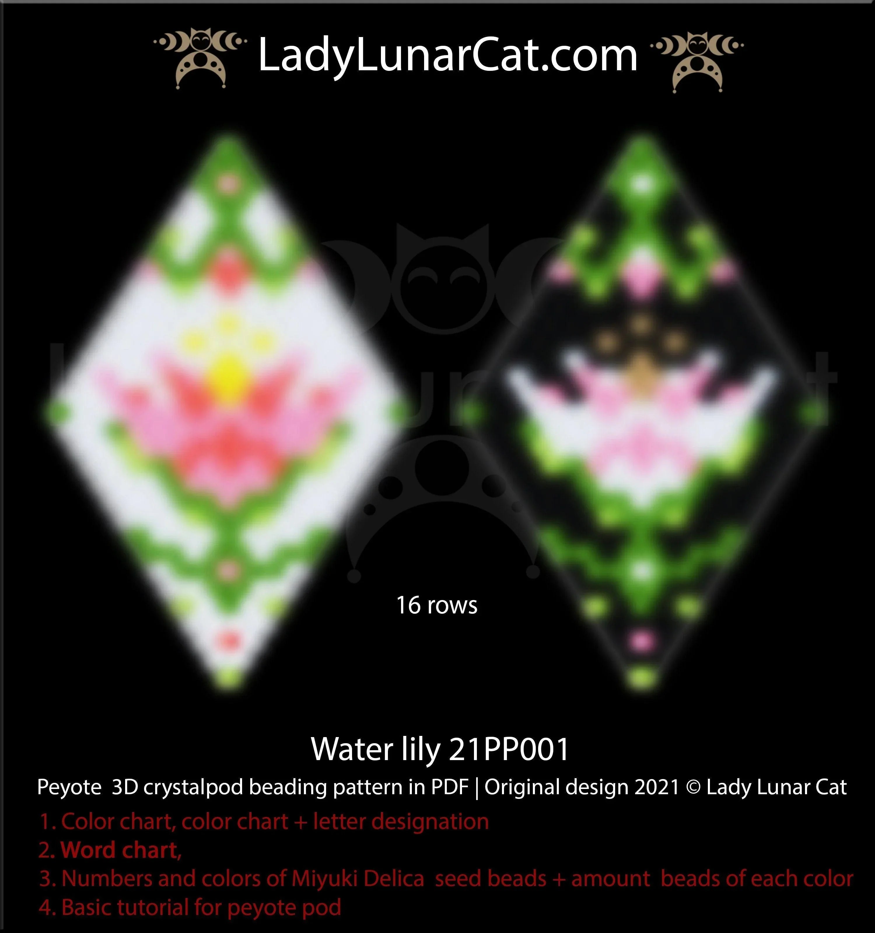 Peyote pod pattern water lily — 31-bead pod, 3 versions, summer floral, instant download