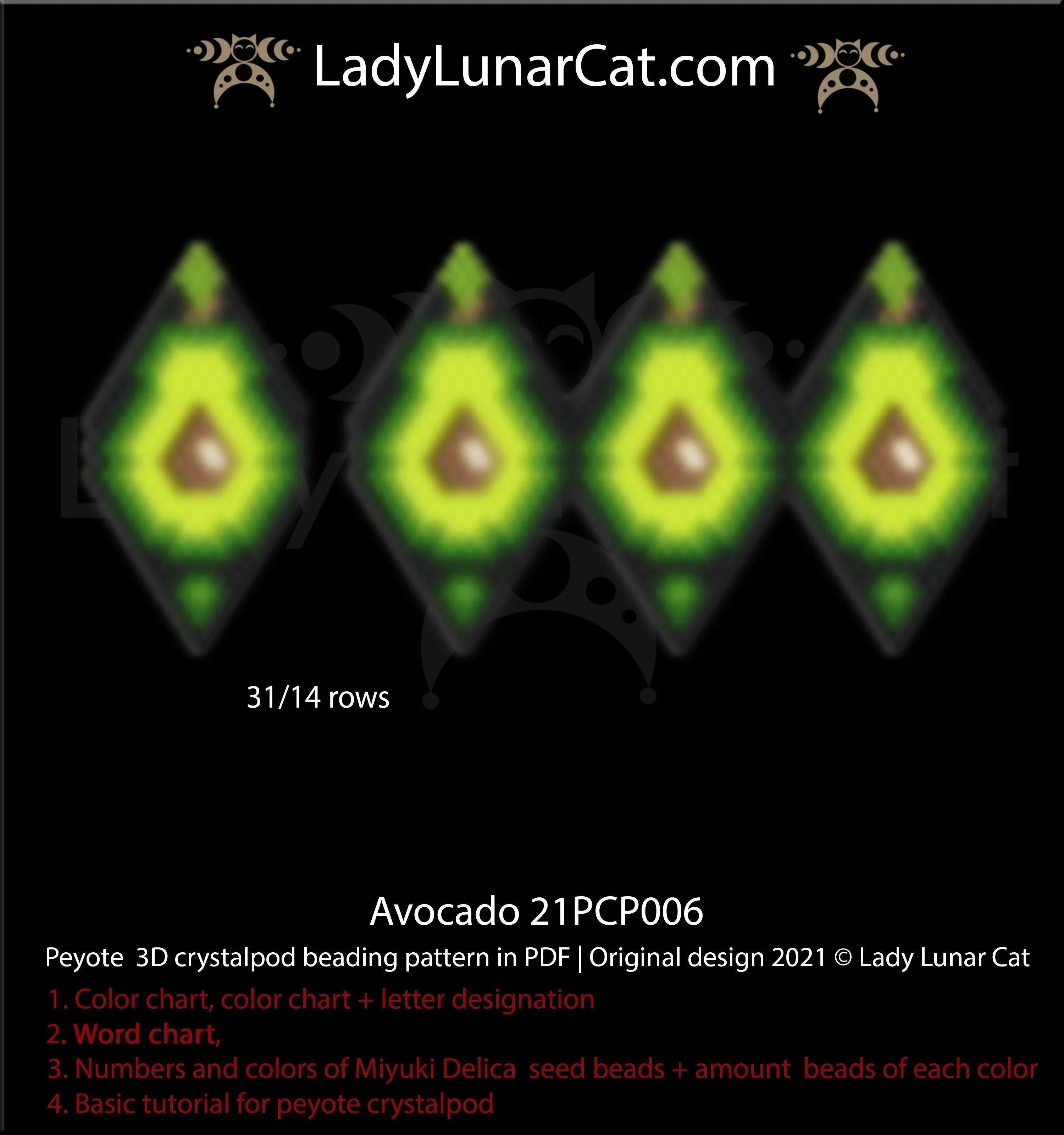 Avocado peyote crystalpod — 7 colors summer fruit pendant bag charm beading LadyLunarCat