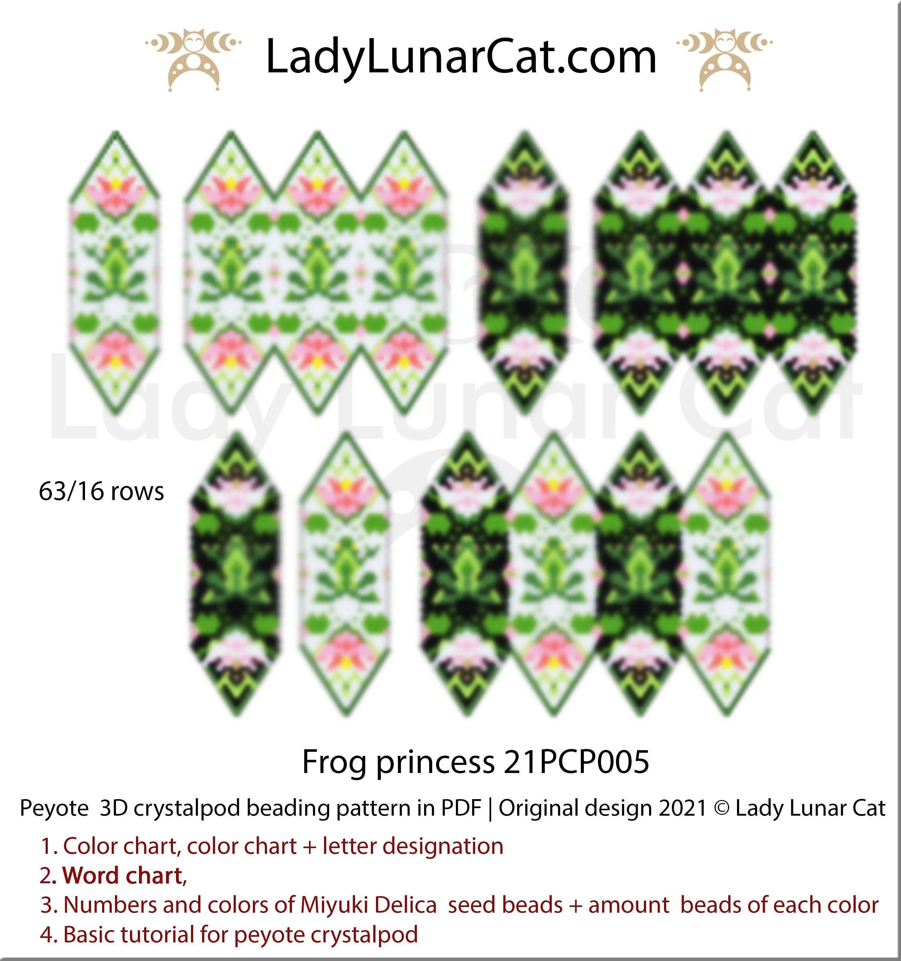 Beaded frog water lily crystalpod — peyote tutorial PDF for all levels
Frog princess crystalpod beading pattern preview — 3 color versions included