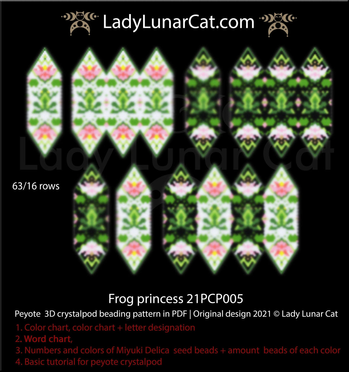 Peyote crystalpod frog princess — 63-bead pod, 16 rows, 3 versions, instant download