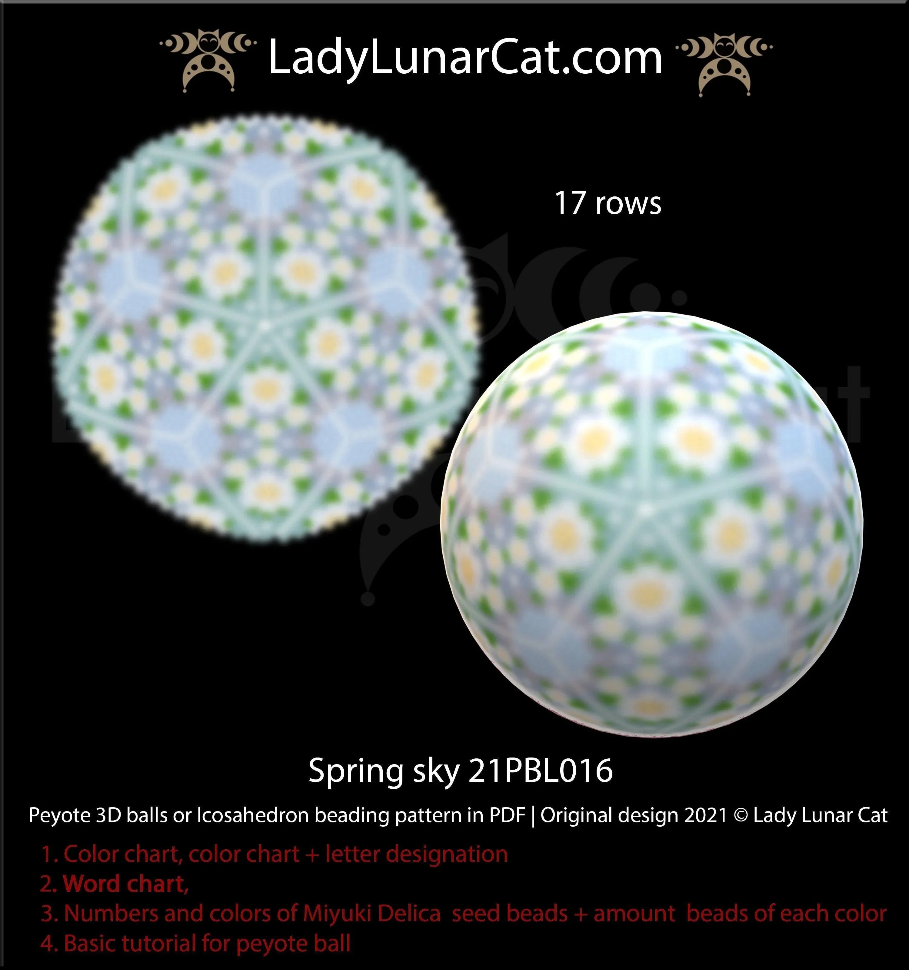 Spring bloom icosahedron peyote ball — floral gray blue sky beading pattern LadyLunarCatLadyLunarCat