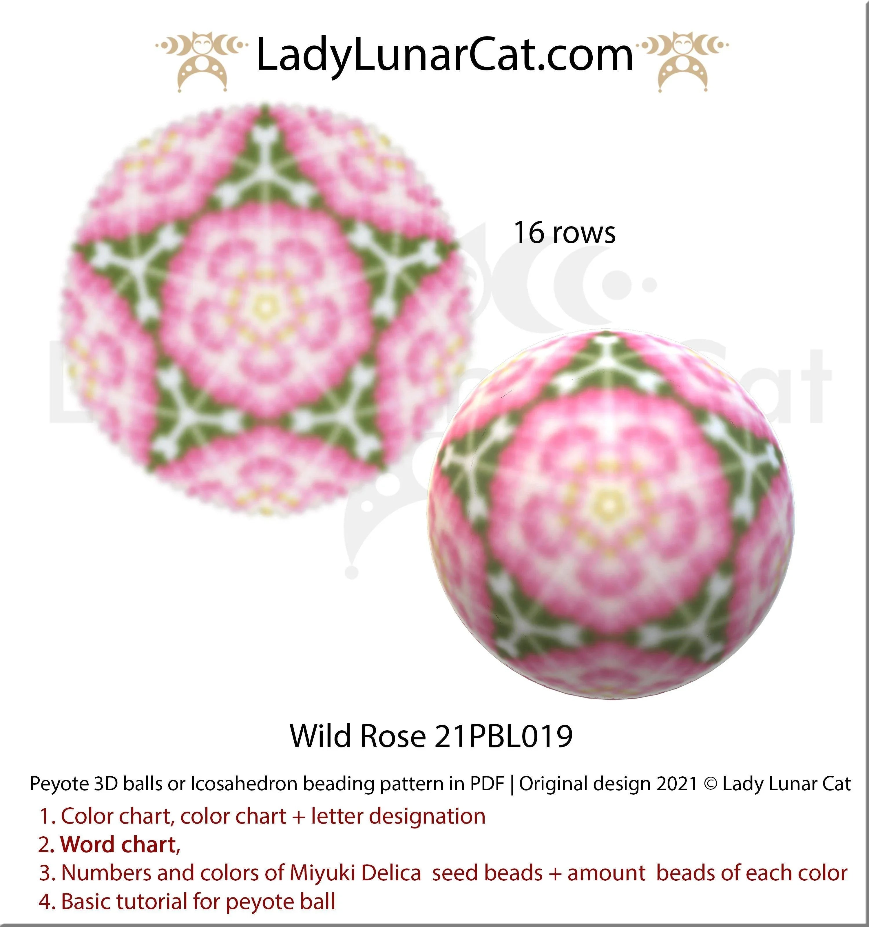 Wild Rose peyote 3D ball - 16 rows 7 colors floral icosahedron PDF LadyLunarCatLadyLunarCat