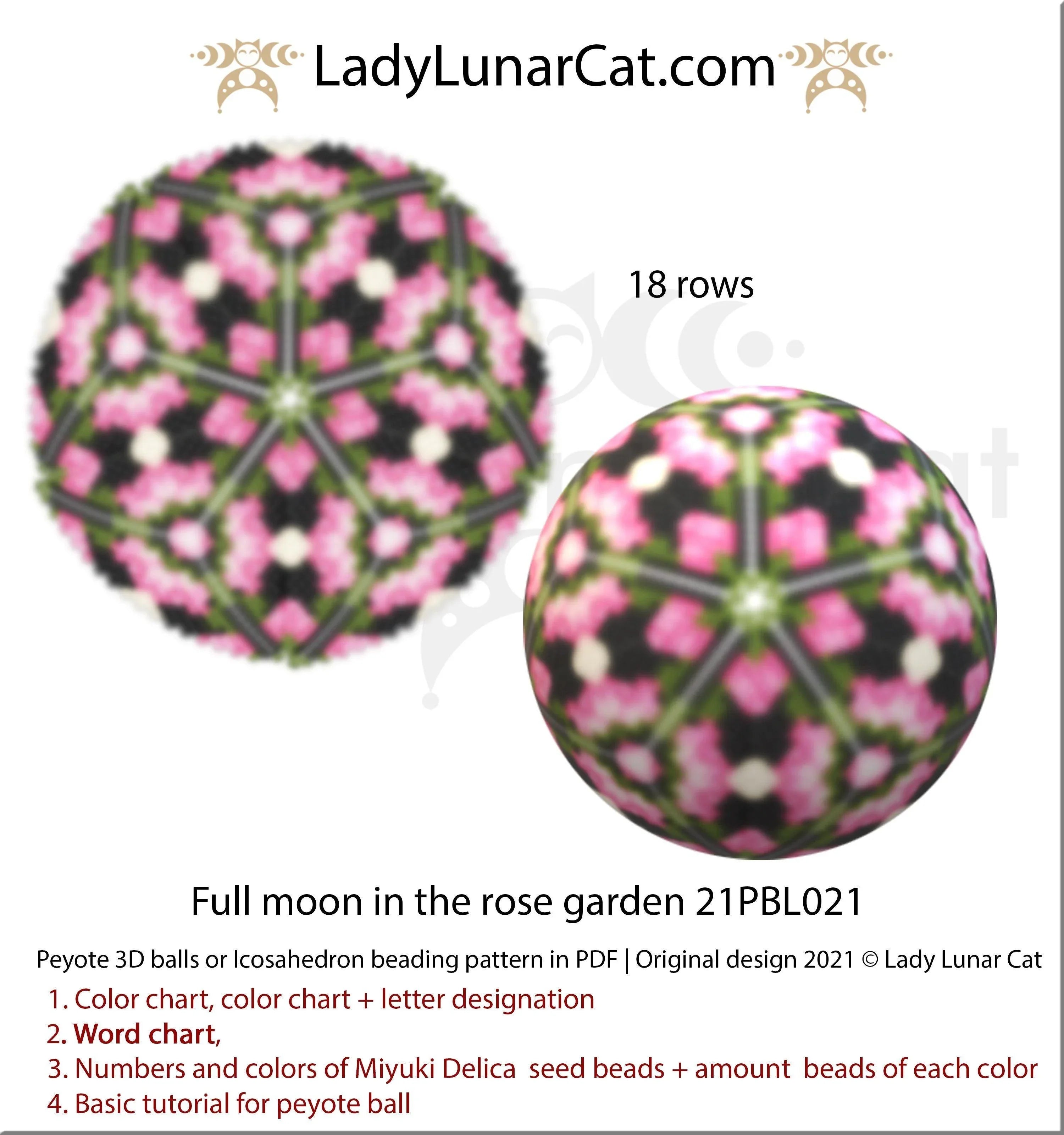 Full Moon Rose Garden beaded ball full view - moonlit pink roses Miyuki Delica LadyLunarCat