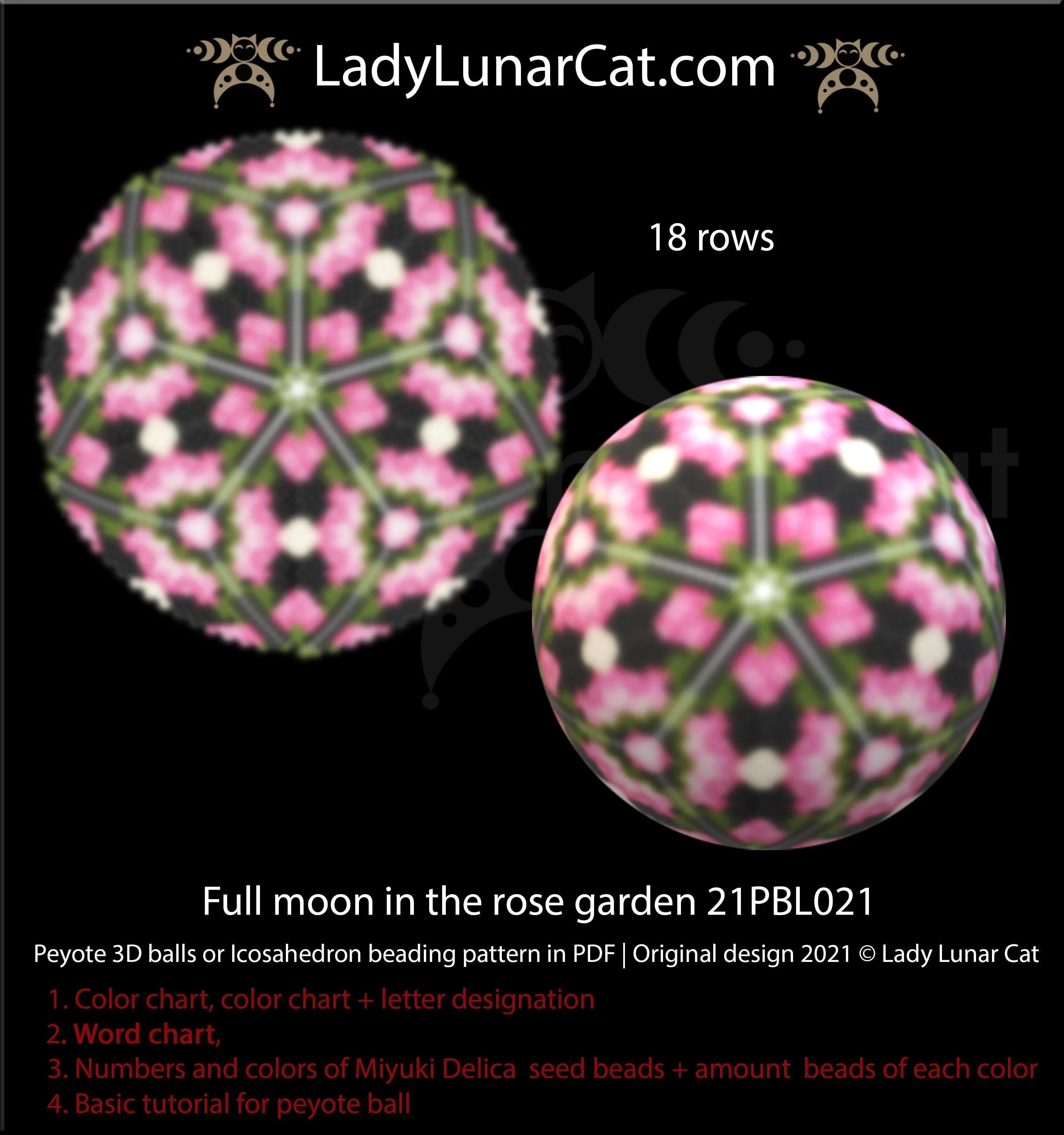 Full Moon in the Rose Garden peyote 3D ball - 18 rows 6 colors romantic PDF LadyLunarCat