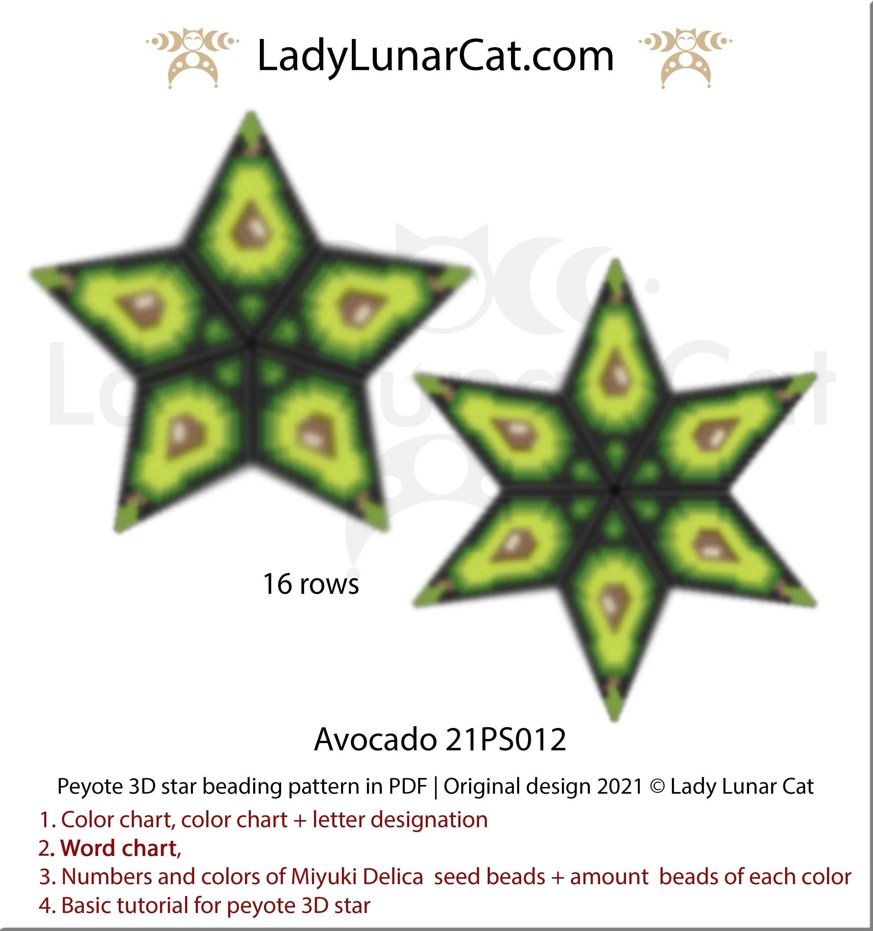 Avocado peyote star pattern by Lady Lunar Cat — 7 colors summer fruit ornament beading PDF 21PS012
