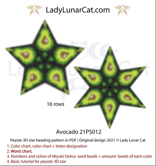 Avocado peyote star pattern by Lady Lunar Cat — 7 colors summer fruit ornament beading PDF 21PS012