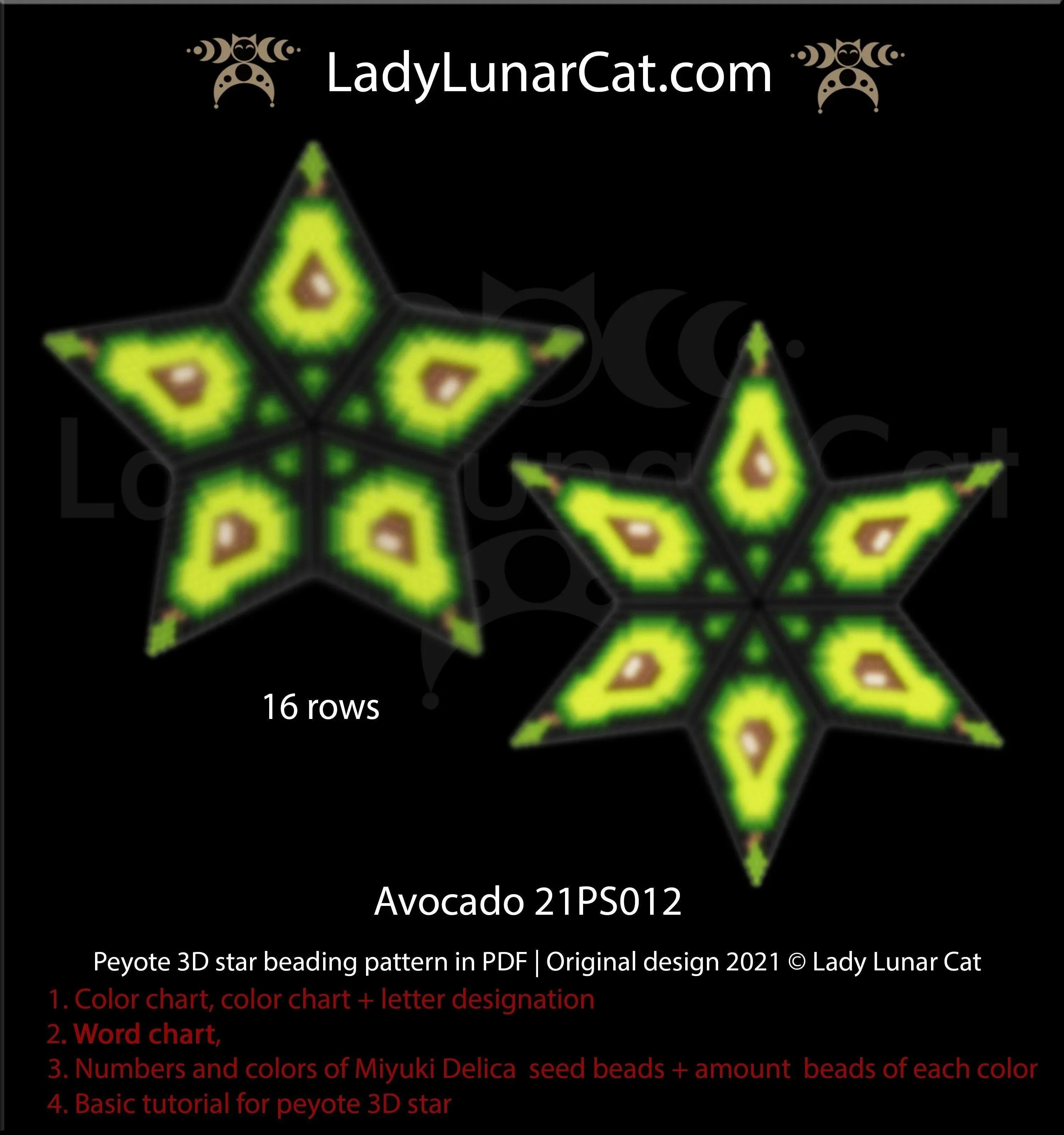 Avocado peyote star — 7 colors summer fruit green ornament bag charm beading LadyLunarCat