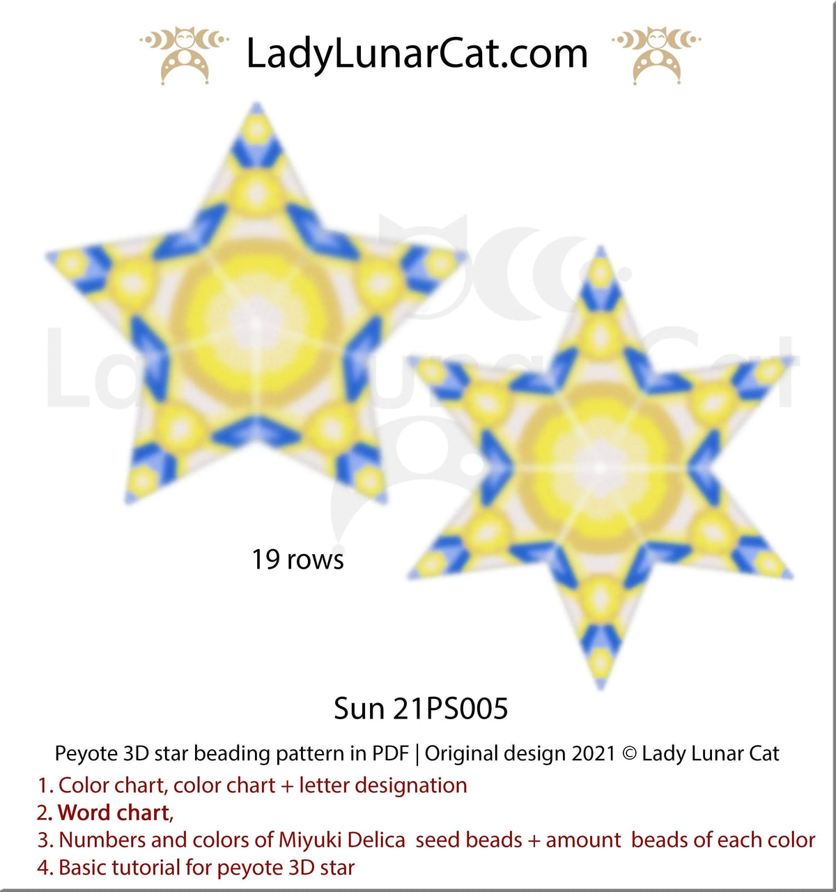 Sun peyote star pattern PDF by Lady Lunar Cat — celestial beading 21PS005LadyLunarCat