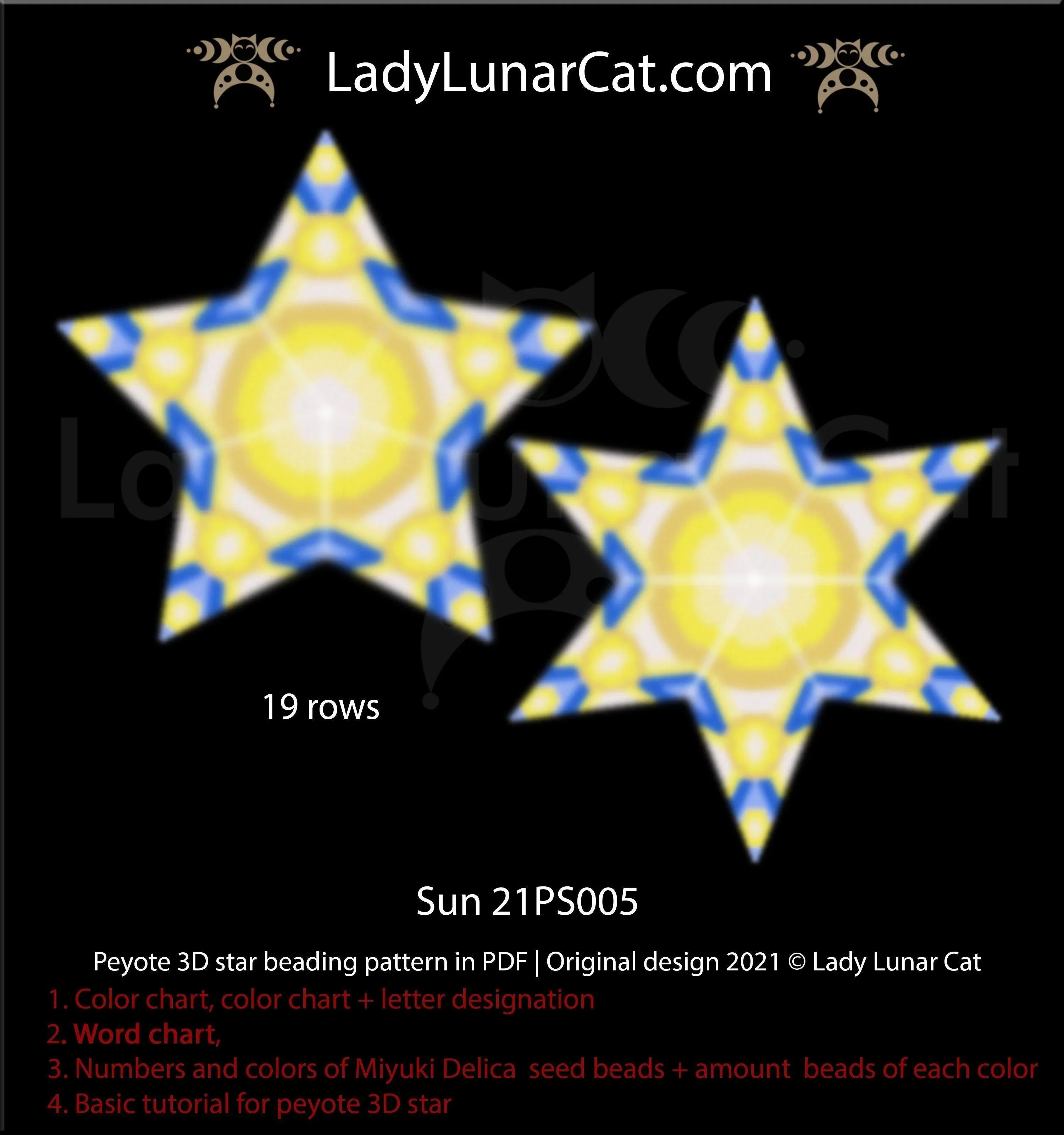 Bright sun peyote star beading pattern — 6 colors, 37-bead radius, Miyuki Delica 11/0LadyLunarCat